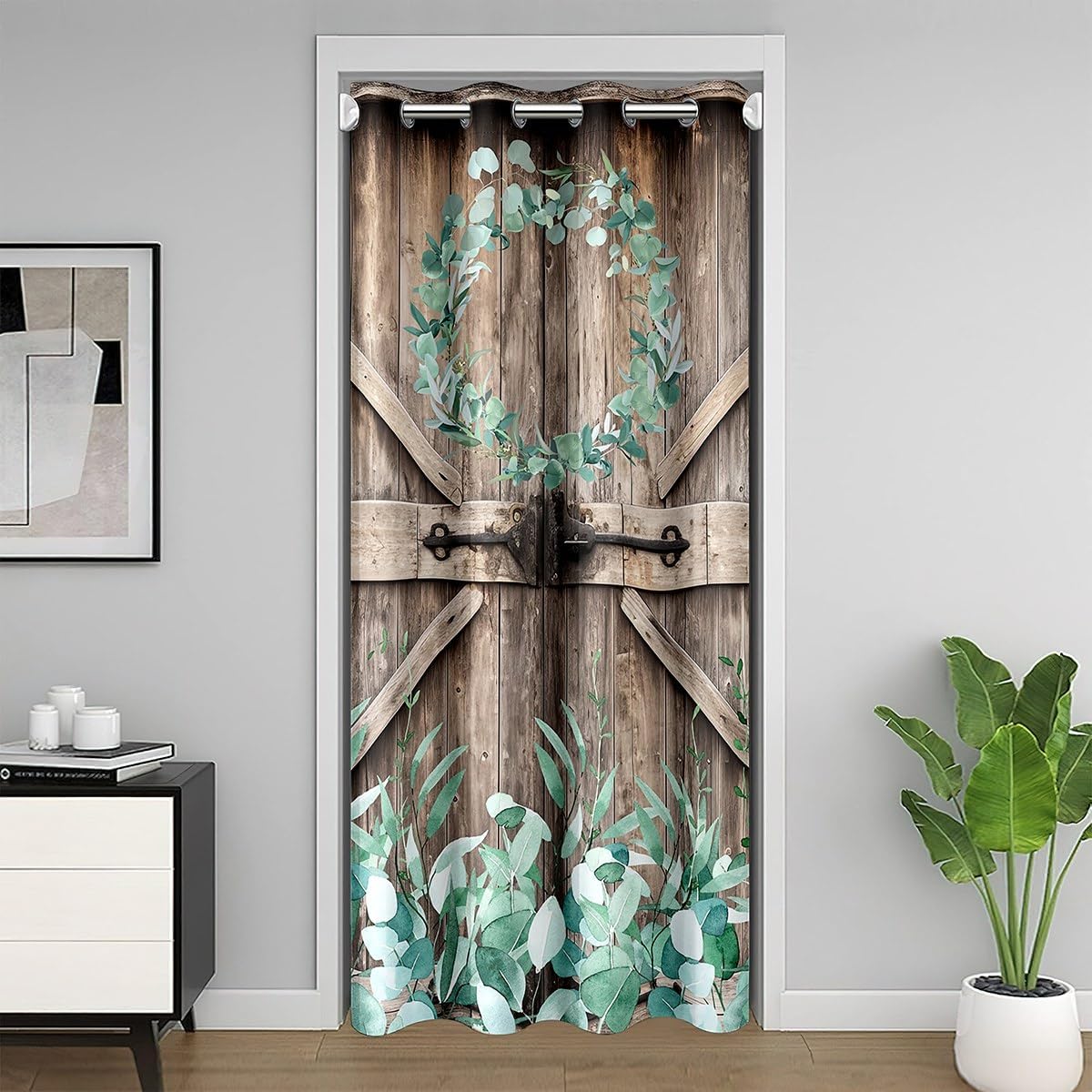 Green Leaves Door Curtain Watercolor Willow Spring Rustic Style Doorway Curtain Privacy for Kids Teens Adults Natural Botanical Trees Plants Door Drape for Bedroom Closet Door 34" W X 80" L