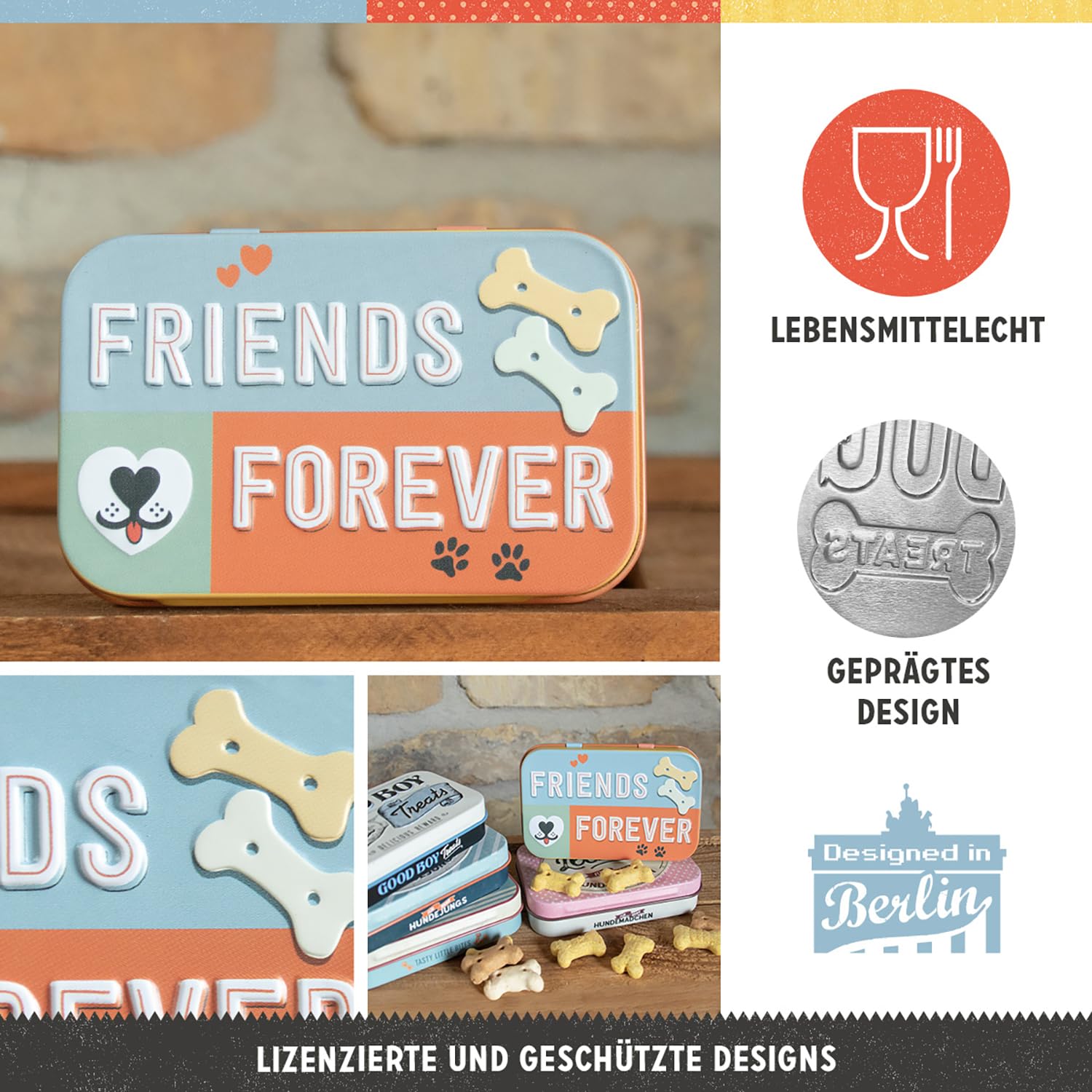 Nostalgic-Art 82203 Retro puszka na smakołyki – Friends Forever – prezent dla właścicieli psów, blaszane pudełko na podróż, styl vintage, 1 sztuka (1 opakowanie)