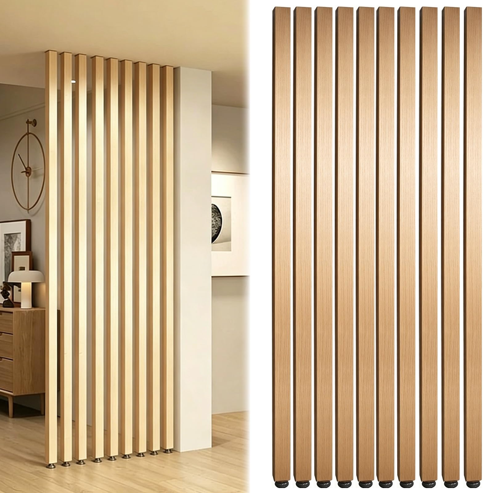 10 Pcs Room Divider Separator Post Wood Slats, Entrance Hall Partition Screen Column Floor To Ceiling, No Drilling Living Room Decorative Pole(Red Oak Wood,H 235cm/7.7ft)