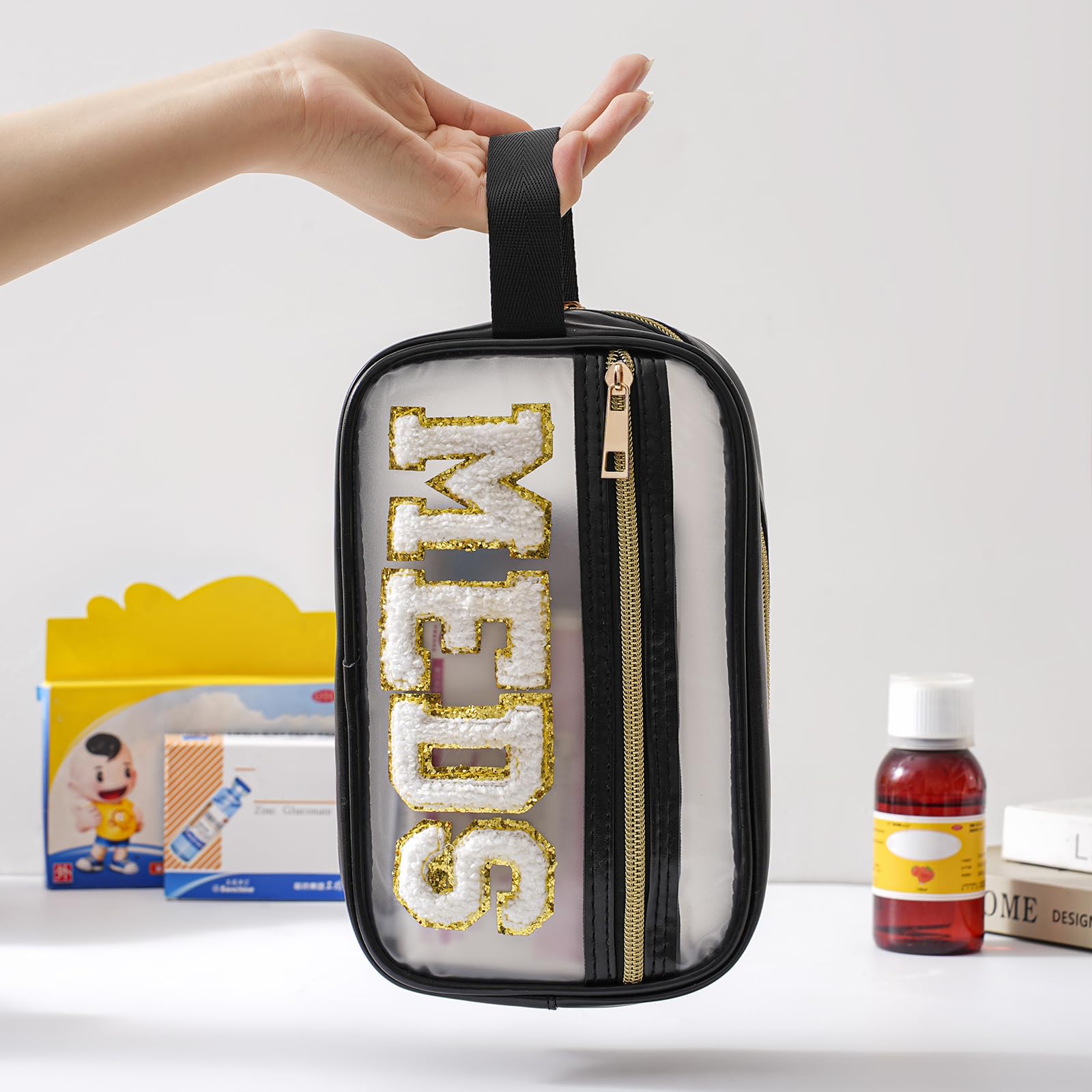 RSRSLEII Make-up-Tasche aus Chenille mit Griff, transparent, mit Griff, Medikamentententasche, wasserdichter Reißverschluss, Medikamentenaufbewahrung, Organizer für Arzt, Patienten, Krankenschwestern