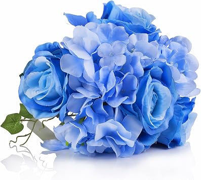 Enova Floral Artificial Flowers 2 Sets 12" Mixed Silk Roses and Hydrangeas Fake Flowers Bouquet for Wedding Garden Vase Home Decoration Blue