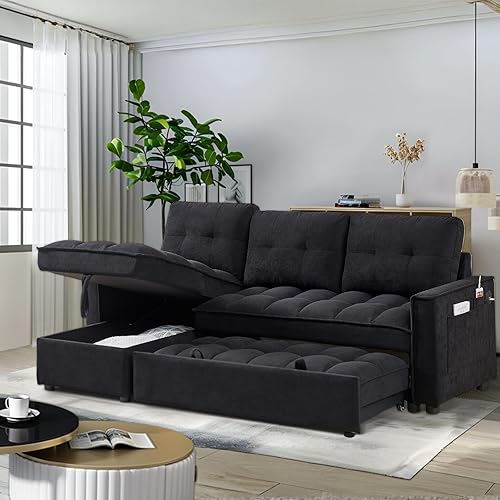 78.75" Sleeper Sofa Couch,Modern L-Shaped Couches, Pull Out Couch with USB Ports&Side Pocket,Sleeper Sectional Sofa for Living Room Apartment,Chenille,Black