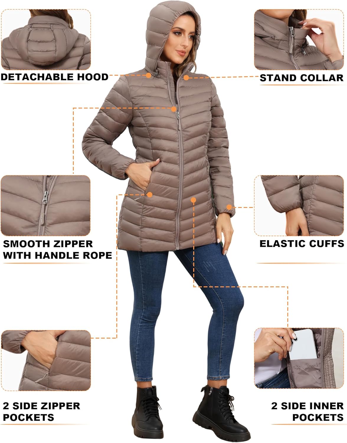ROYAL MATRIX Women's Packable Puffer Jacket - Lightweight Winter Warm Long Quilted Puffer Coat with Detachable Hood - Image 5