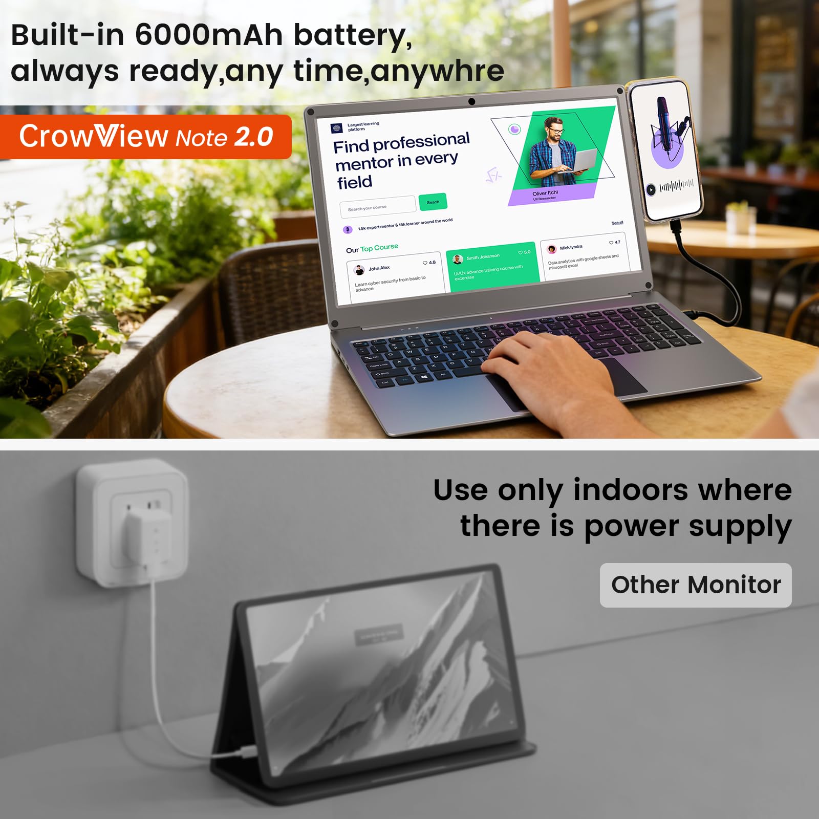 Portable Monitor with Keyboard, 15.6 Inch Lapdock Display with 6000mah Built-in Battery,CrowView Note 1080P FHD USB C Monitors with RPi5 Adapters Compatible with RPi5, PC, Phone, Mac, Game Console — view 7