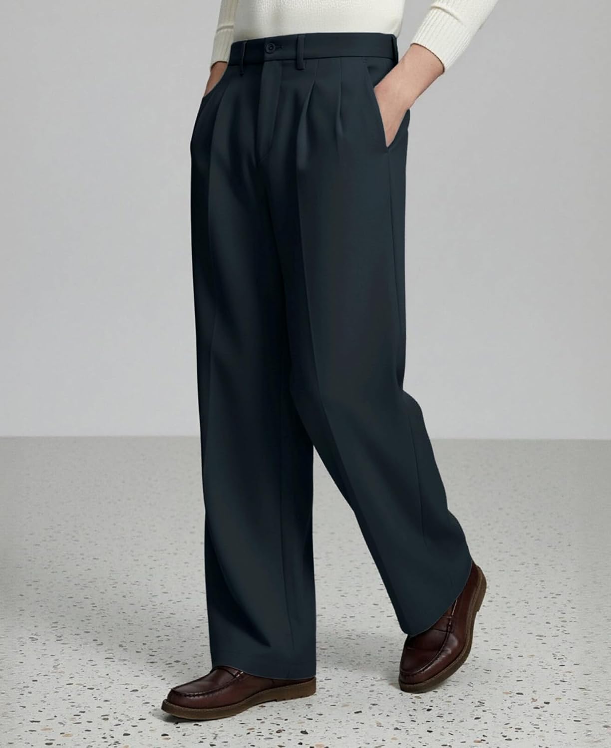 Susclude Mens Casual Dress Pants Old Money Pleated Baggy Wide Leg Slacks Vintage Stylish Relaxed Fit Work Trousers - Image 2