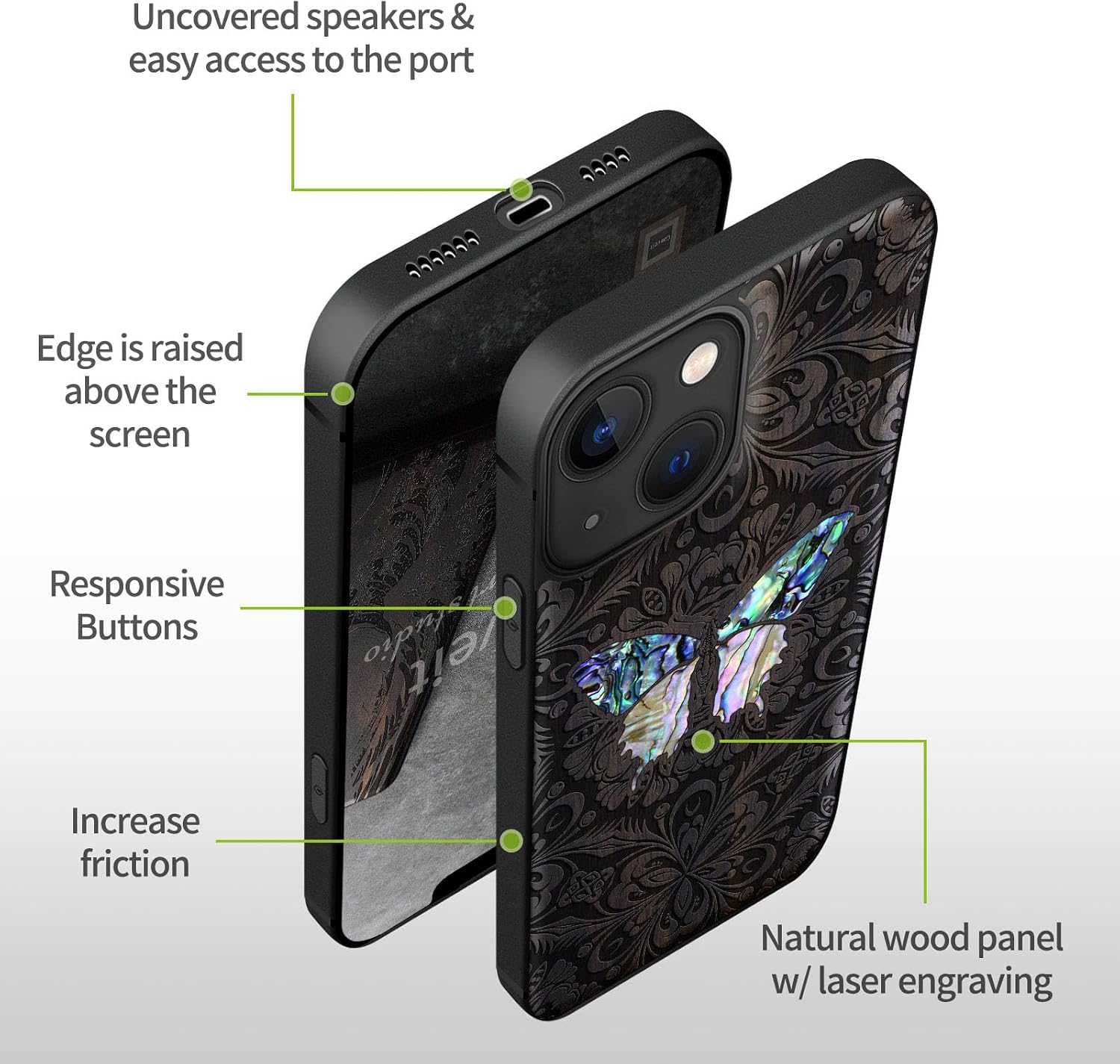 Carveit Designer Wooden Protective Case for iPhone 13 Magnetic Cover [Wood Engraving & Shell Inlay] Compatible with iPhone 13 MagSafe (Baroque Butterfly-Blackwood)