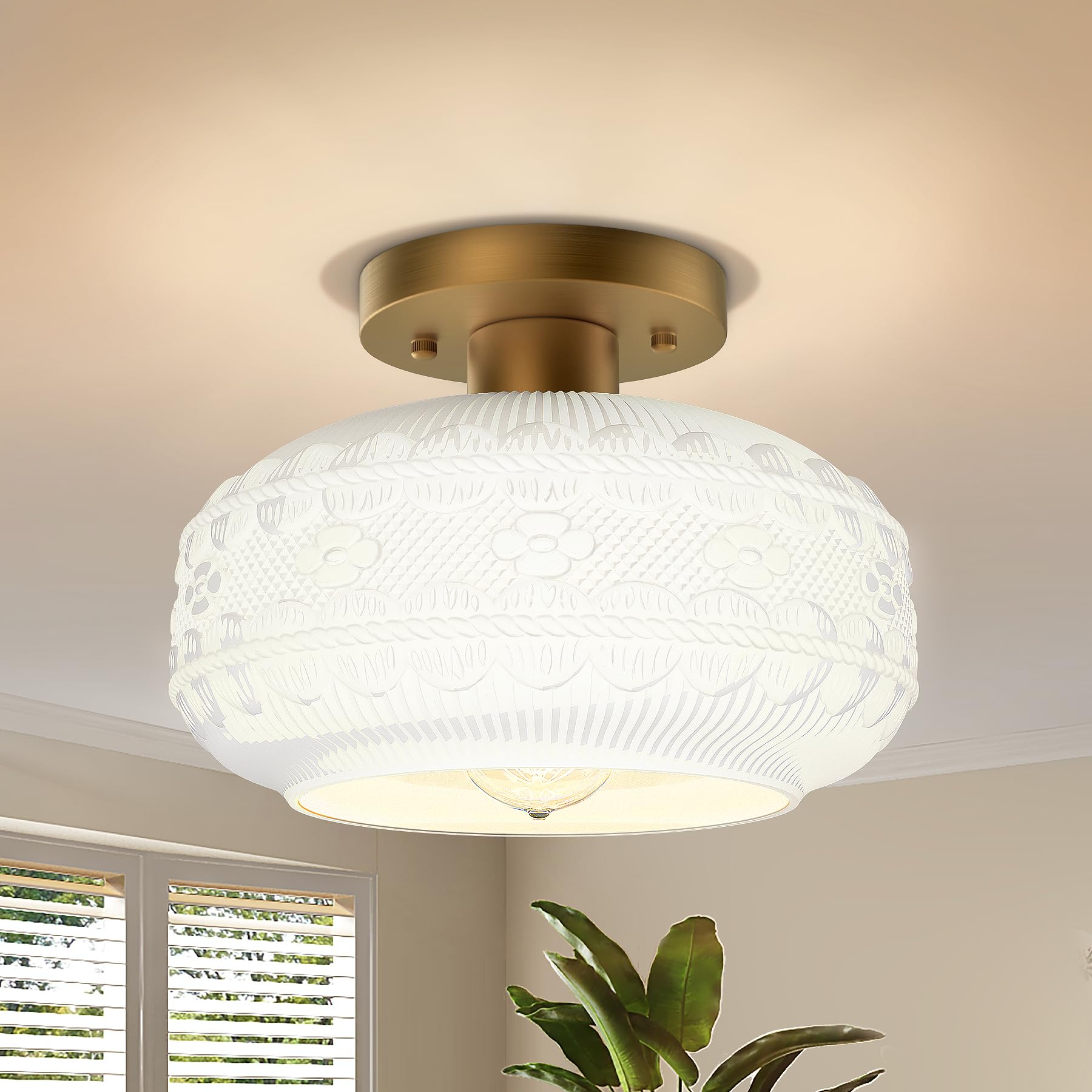 APOTO Gold Semi Flush Mount Ceiling Light Fixture,Globe Glass Hallway Light Fixture Ceiling Light with Milk Glass,Vintage Kitchen Light,Farmhouse Light for Entryway Bathroom,Bulb Not Included