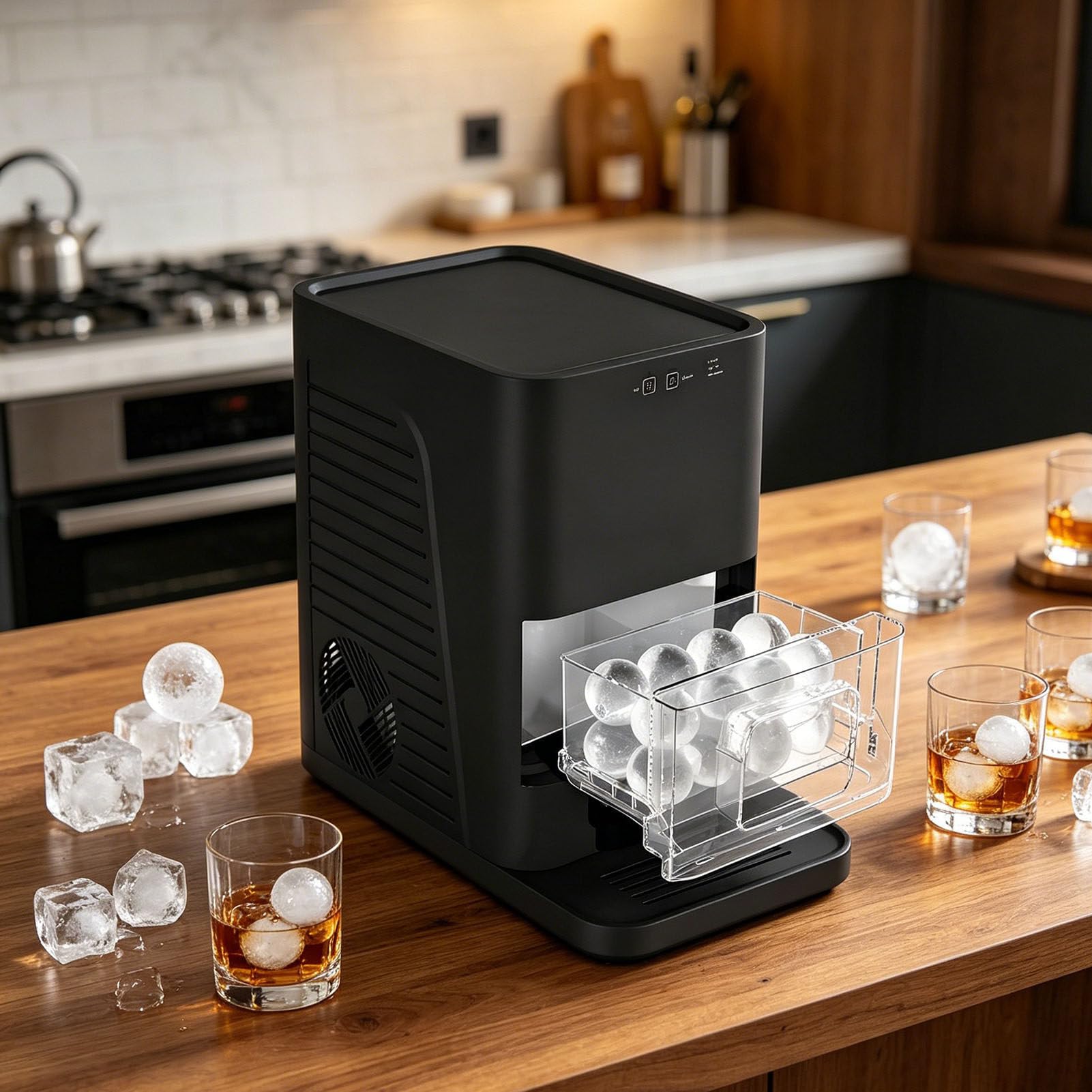 2" Ice Ball Maker Countertop, 2Pcs Ready in 60-90Mins, 42Pcs/Day, Self-Cleaning Sphere Ice Maker Machine, Round Ice Cube Maker for Whiskey & Bourbon Black