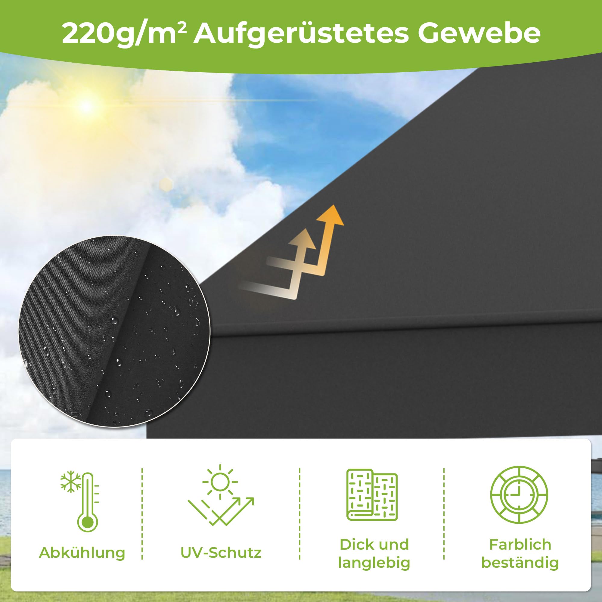 BelleMax Klemmmarkise ohne Bohren mit Handkurbel, 2026 Upgrade 2-in-1-Balkonmarkise mit Faltbarem Seitenarm, UV-Schutz & Sonnenschutz, Wasserdicht Höhenverstellbar Anthrazit 250 cm x (125 + 25 cm)