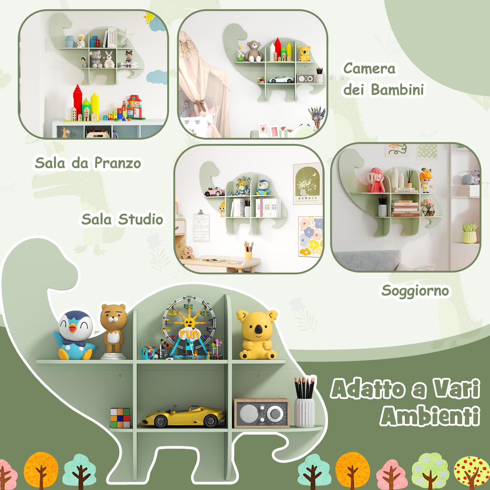 COSTWAY Libreria da Parete per Bambini a Forma di Dinosauro, Mensola a 2 Ripiani in Legno da Appendere, Scaffale da Parete per Camera dei Bambini Camera da Gioco Asilo, 105,5x16x78,5 cm