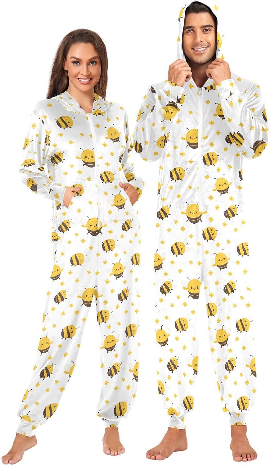 Yellow Bee Flower Zipper Hooded Adult Jumpsuit Pajamas with Pockets XS-3XL