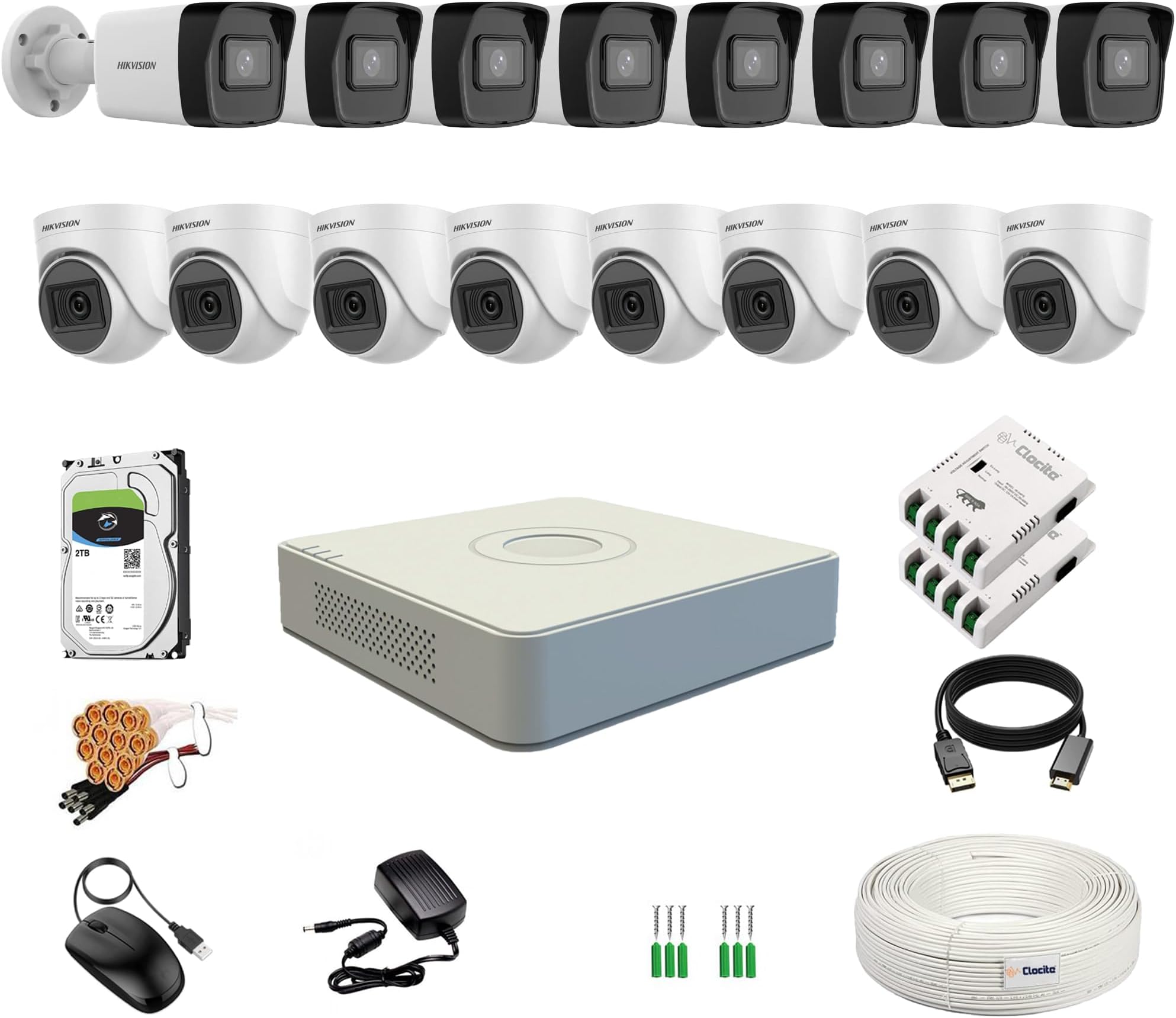 HIKVISION 16 Channel DVR with 2MP 8 Dome & 8 Bullet Cameras (Day/Night Vision) + 2TB HDD + Cable Roll (1+3) 8 CH Power Supply 2 Nos + BNC & DC Full Combo Kit