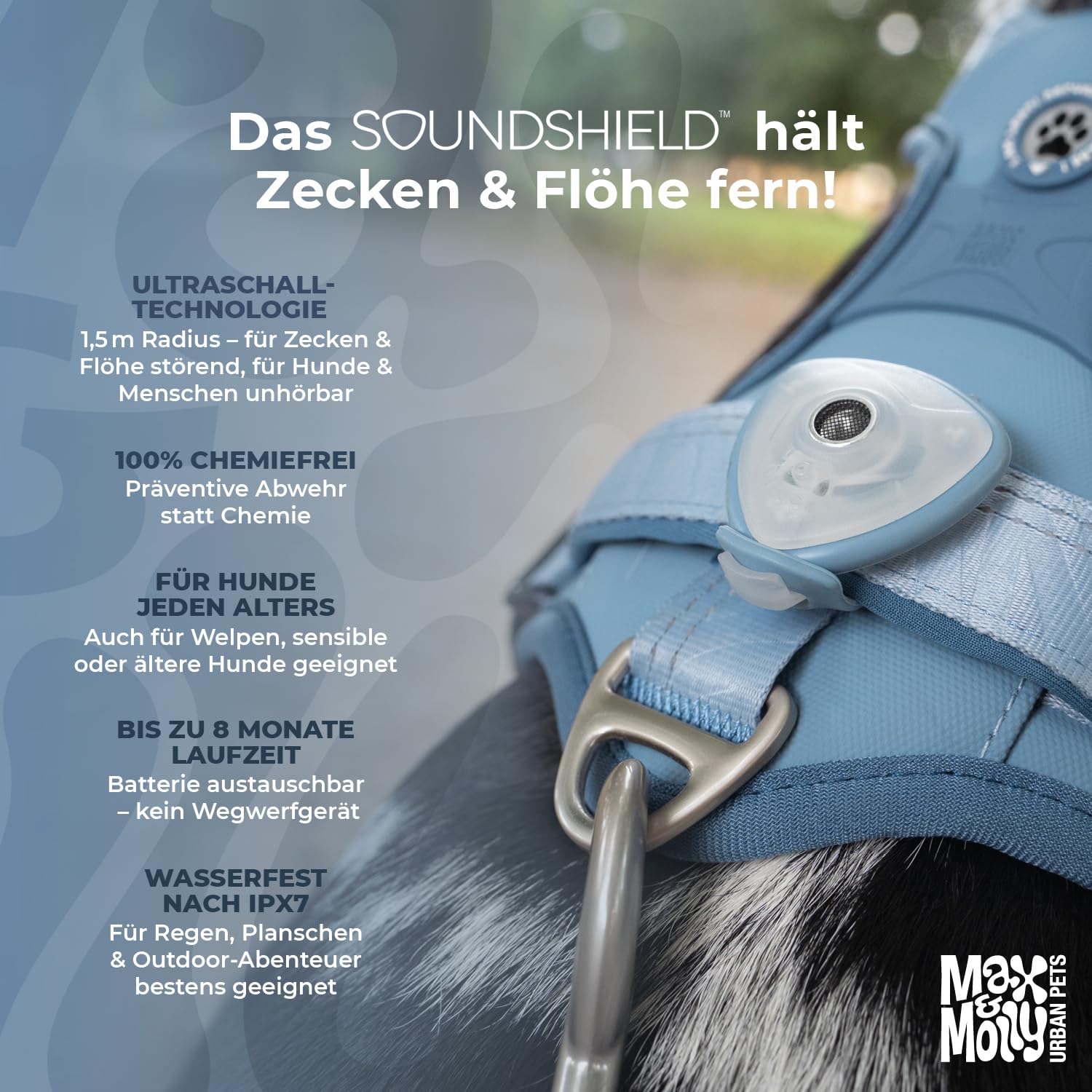 Max & Molly Soundshield – Ultraschall-Clip für Hunde jeder Größe – Ocean | geräuschlos & chemiefrei, an Halsband oder Geschirr befestigbar