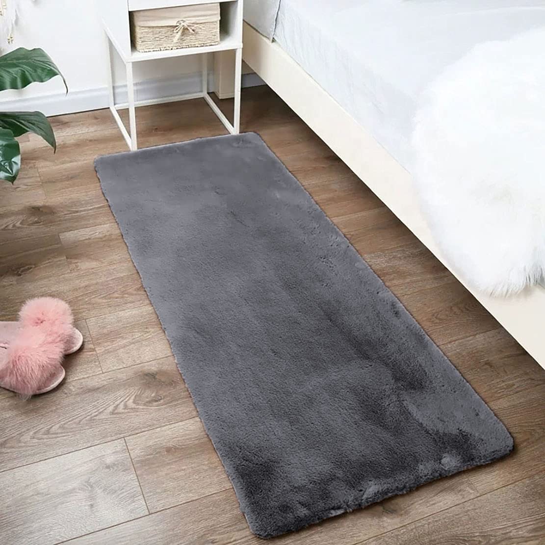 Luxe Home Rabbit Fur Soild RunnerSuper Soft, Anti-Slip, Washable, Rectangle, for Livingroom Rug, in Bedroom Bedside Runner (Grey, 2x5 Feet)-image-2