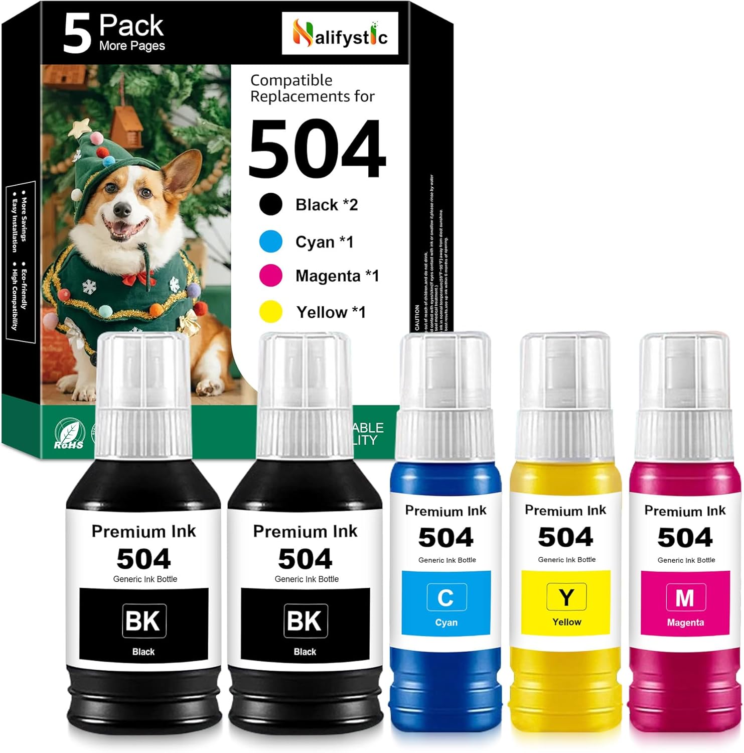 Remanufactured T504 Ink Replacement for T504BK T504C T504M T504Y Ink Bottle Compatible with L4150 L4160 L6171 Printers (5-Pack, 2Black 1Cyan 1Magenta 1Yellow)