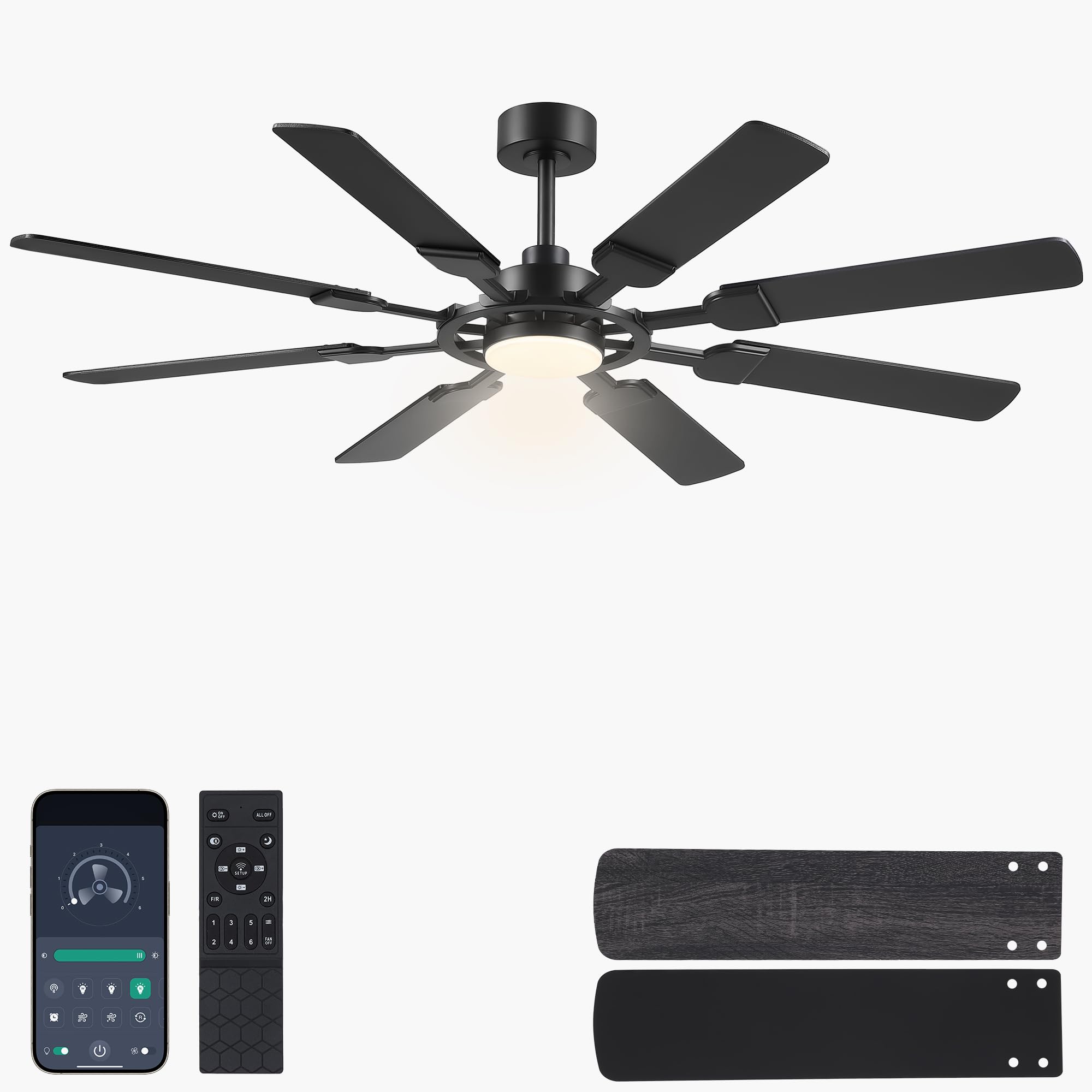 62" Ceiling Fan with Light - Modern Black Low Profile Ceilings Fans Light
