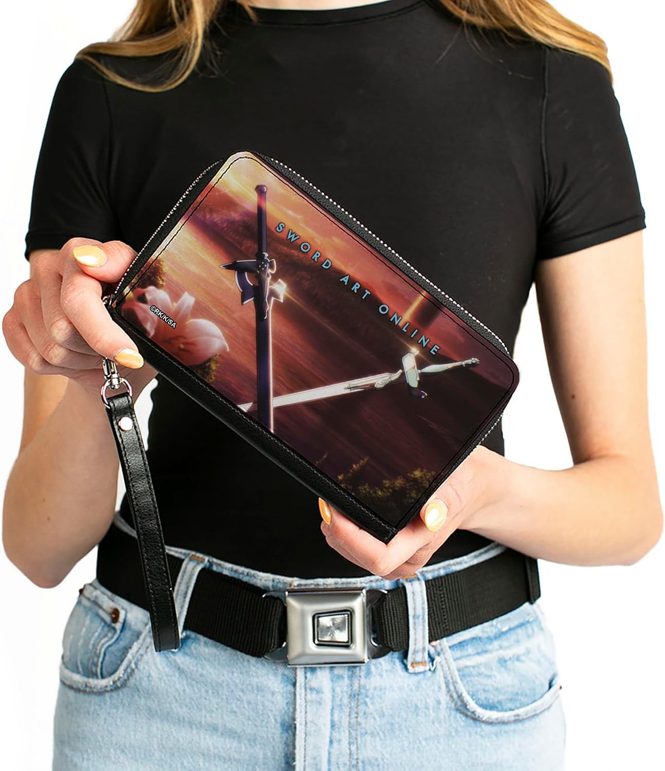 Buckle-Down Sword Art Online Wallet, Zip Around, Sword Art Online Swords Scene and Title Logo, Vegan Leather