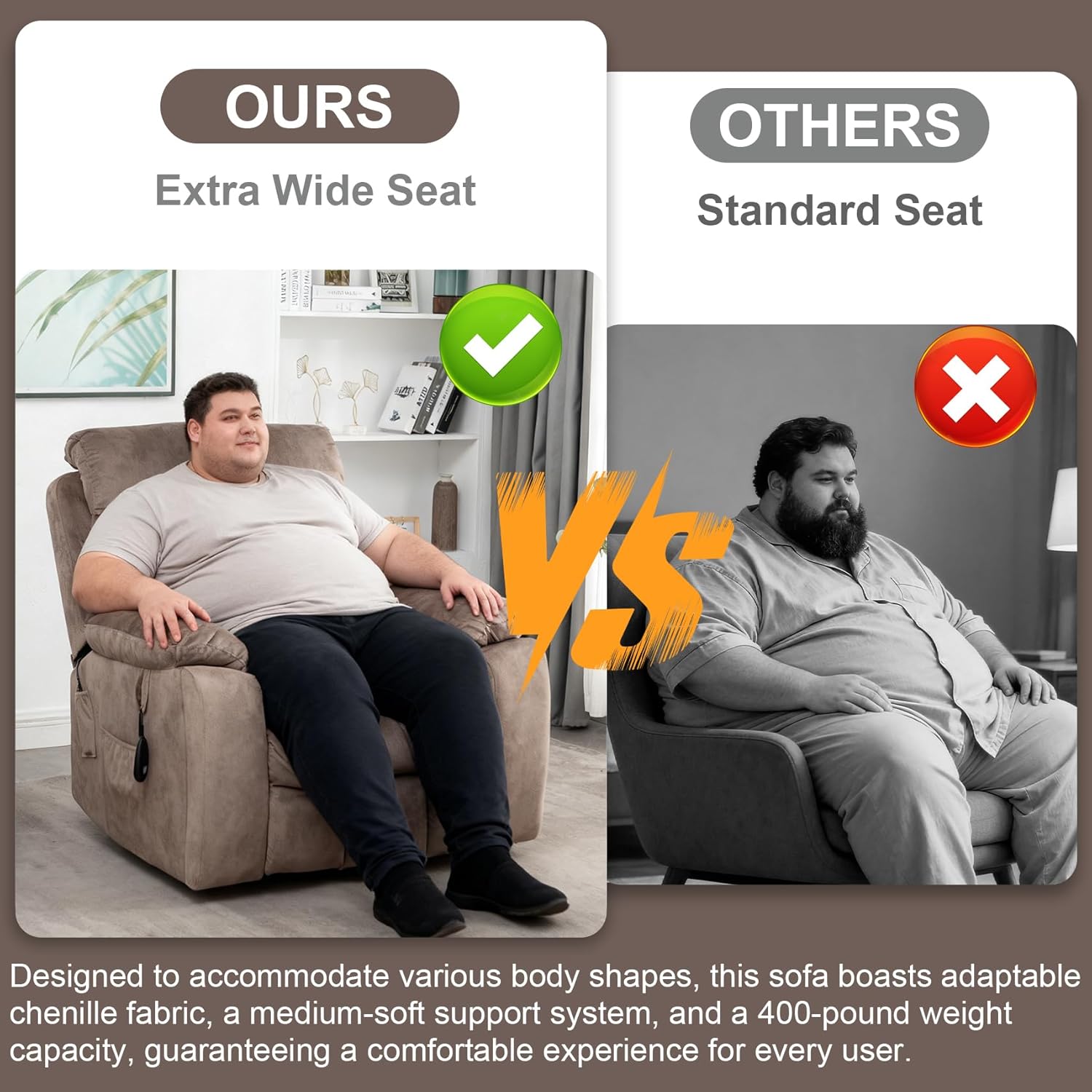 Oversized Lift Recliner Chairs for Elderly, 26in Extra Wide Power Chair with Massaga and Heating, Large Electric Lay Flat Recliners Sofa for Big and Tall Adult Lounging, Velvet Brown