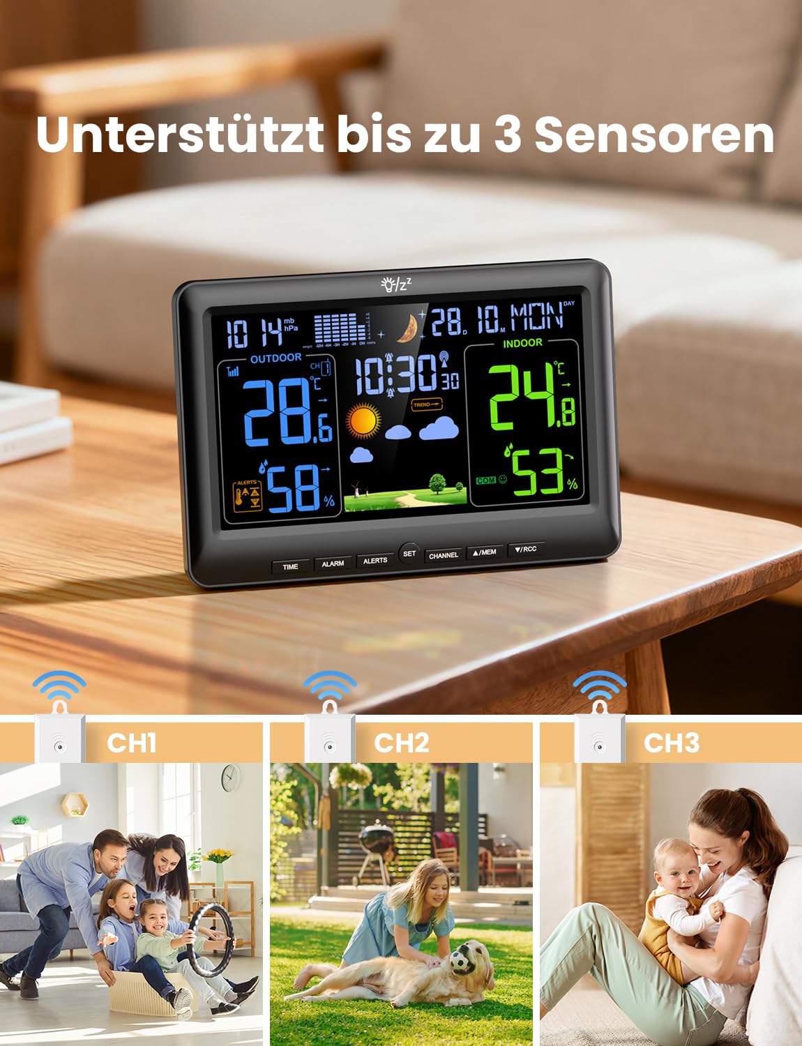 LIORQUE Wetterstation Funk mit 1 Außensensor Innen und Außen Funkwetterstation Digital Thermometer Hygrometer mit Wettervorhersage DCF-Funkuhr Weather Station für Zuhause Büro Hausgarten