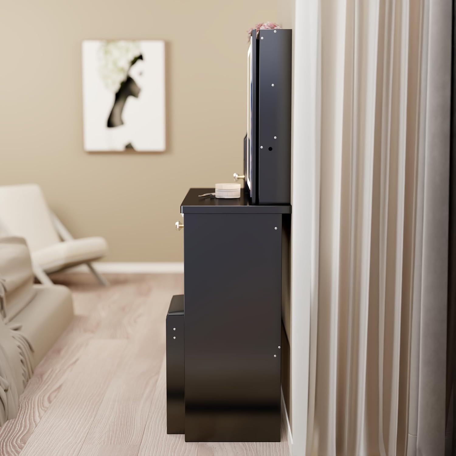 29.2" Small Vanity Desk with Mirror, Makeup Table with Sliding Mirror, Dressing Table with Multi Layer Capacity Storage, Vanity Set with 5 Drawers and Stool for Small Space Bedroom, Black