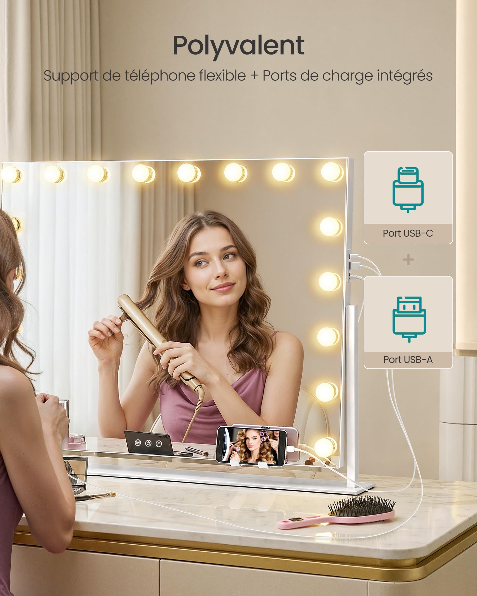 SONGMICS Miroir de Maquillage avec Lumières, 80 x 60 cm, 18 Ampoules LED, Ports de Charge, Miroir Grossissant Détachable 10x, 3 Températures de Couleur, Support de Téléphone, Blanc Mat LWM003WC02