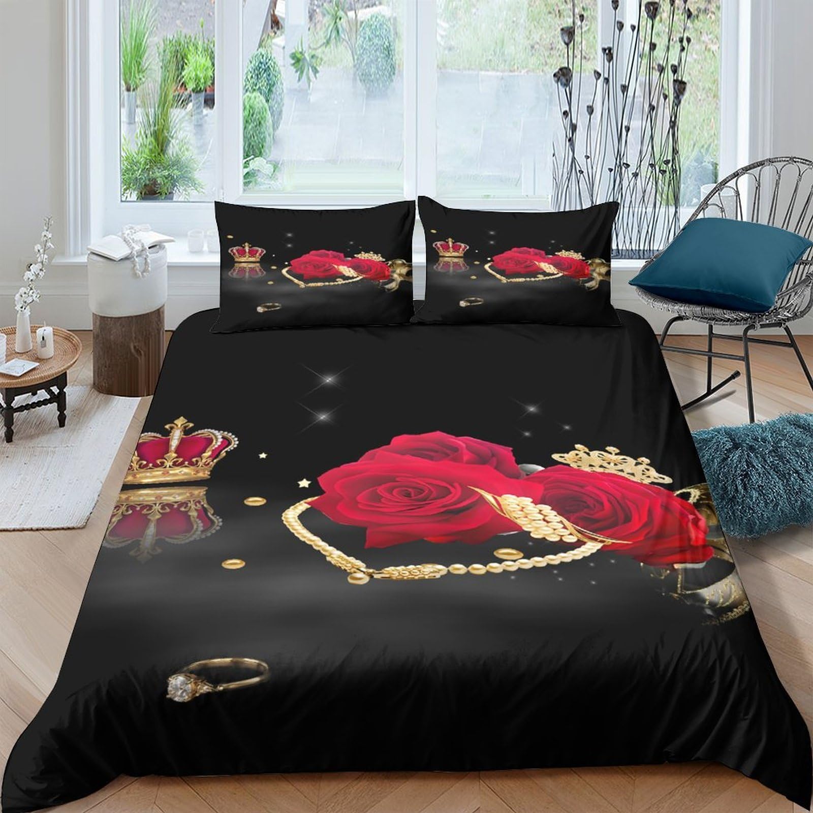 Ctjqhvkz Style-10 3D Printed Red Rose Crown Fitted Sheet Microfiber Soft Black Bed Sheet For Bedroom Guest Room Decor Single（135X200cm）