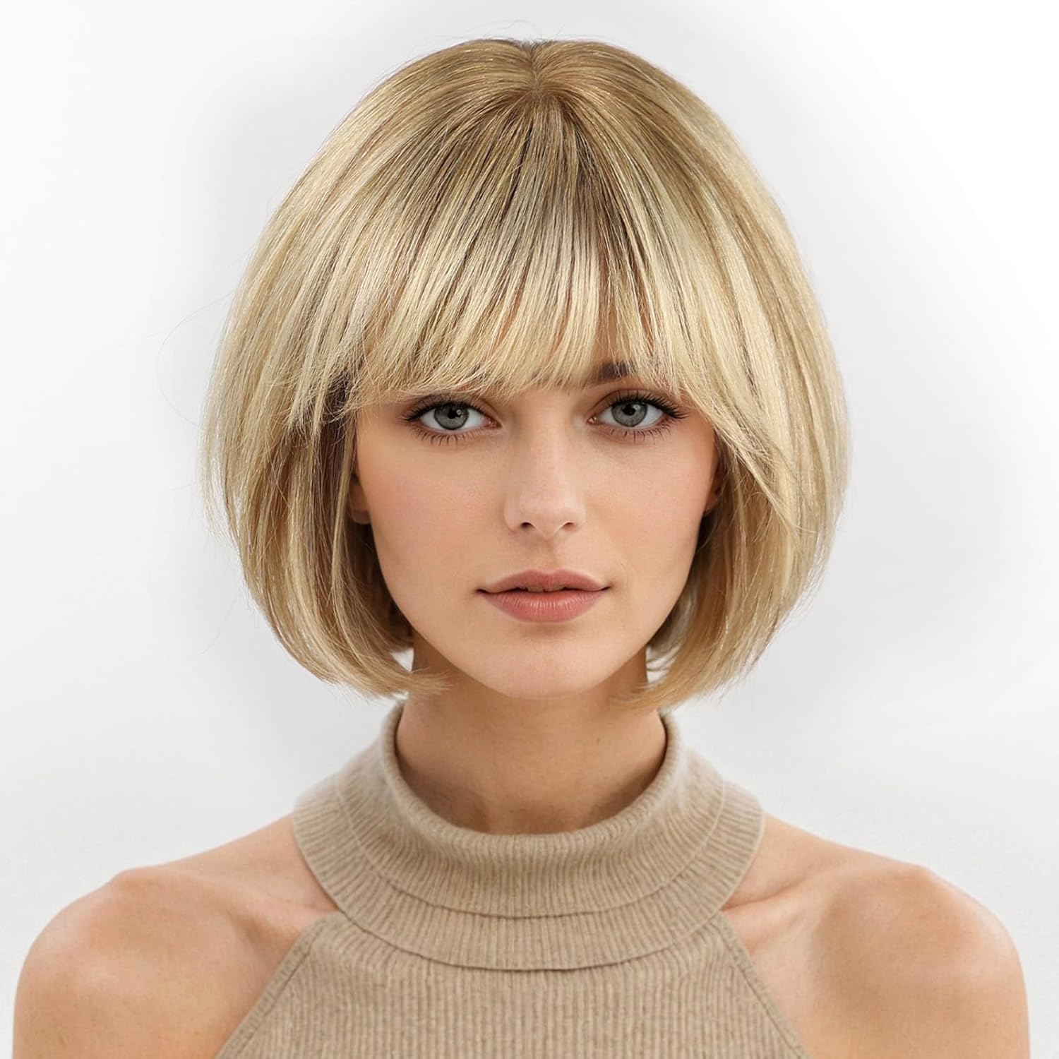 KKU 10 Inch Ombre Golden Brown Wigs Human Hair for Women, Remy Human Hair Wigs, Human Hair Wigs with Bangs