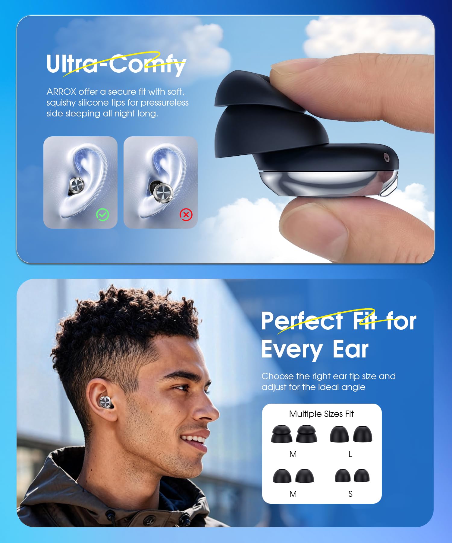 ARROX Adjustable Ear Plugs for Sleeping, 3 Noise Relief Modes (13-45 dB), Double-Layer Ultra-Soft Silicone Earplugs, Reusable Ear plugs for Concerts, Deep Focus, Side Sleepers & Travel, 4 Size Eartips — view 6