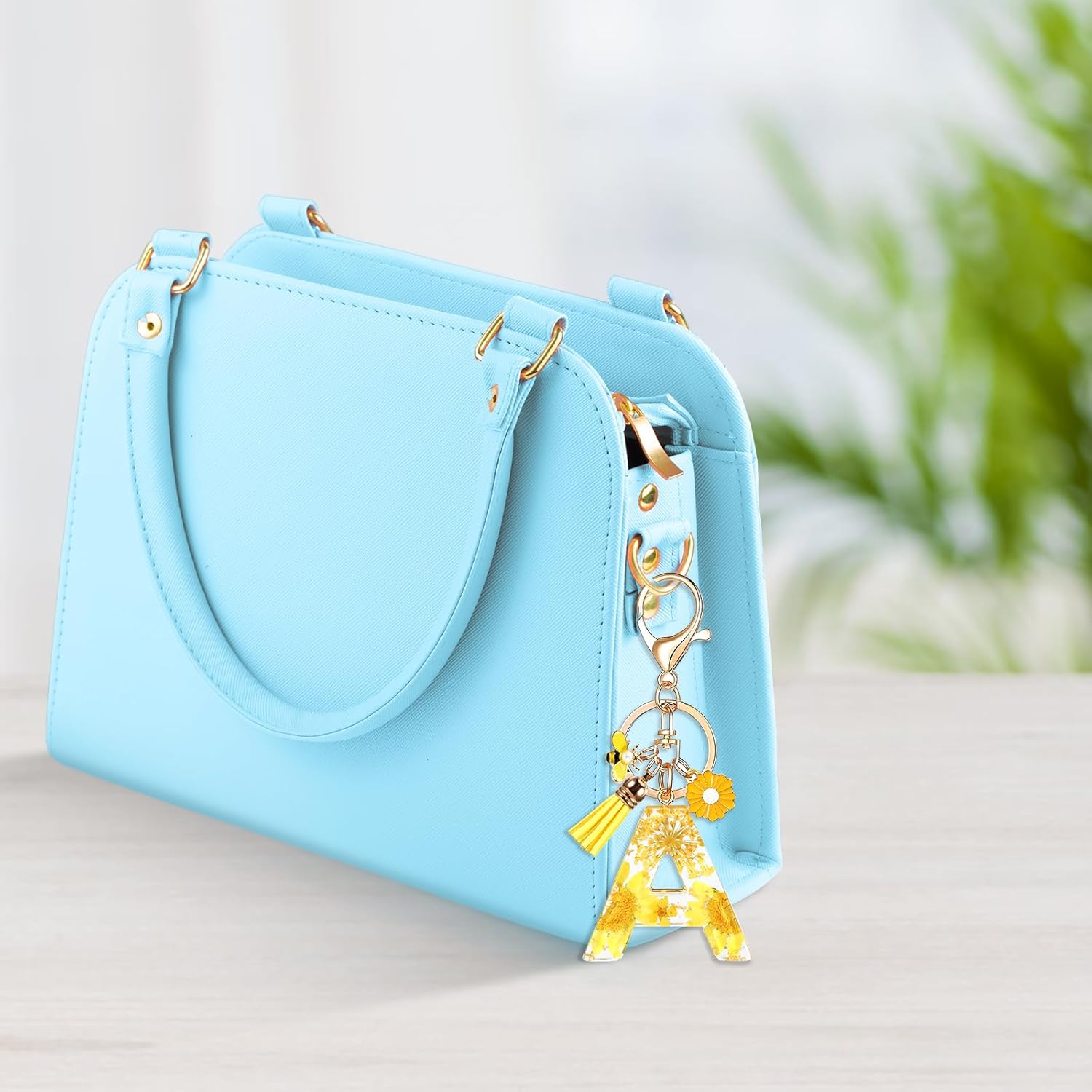 Initial Letter Keychain Resin Alphabet Keyrings,Yellow Petals Gold Foil Key Ring Key Chain Charm - Image 8