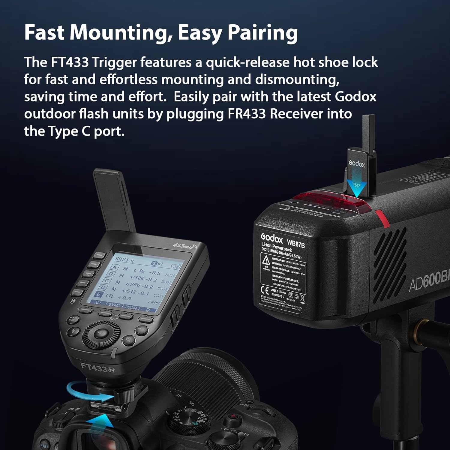 Close-up of Godox FT433 N Trigger screen showing TTL and HSS settings