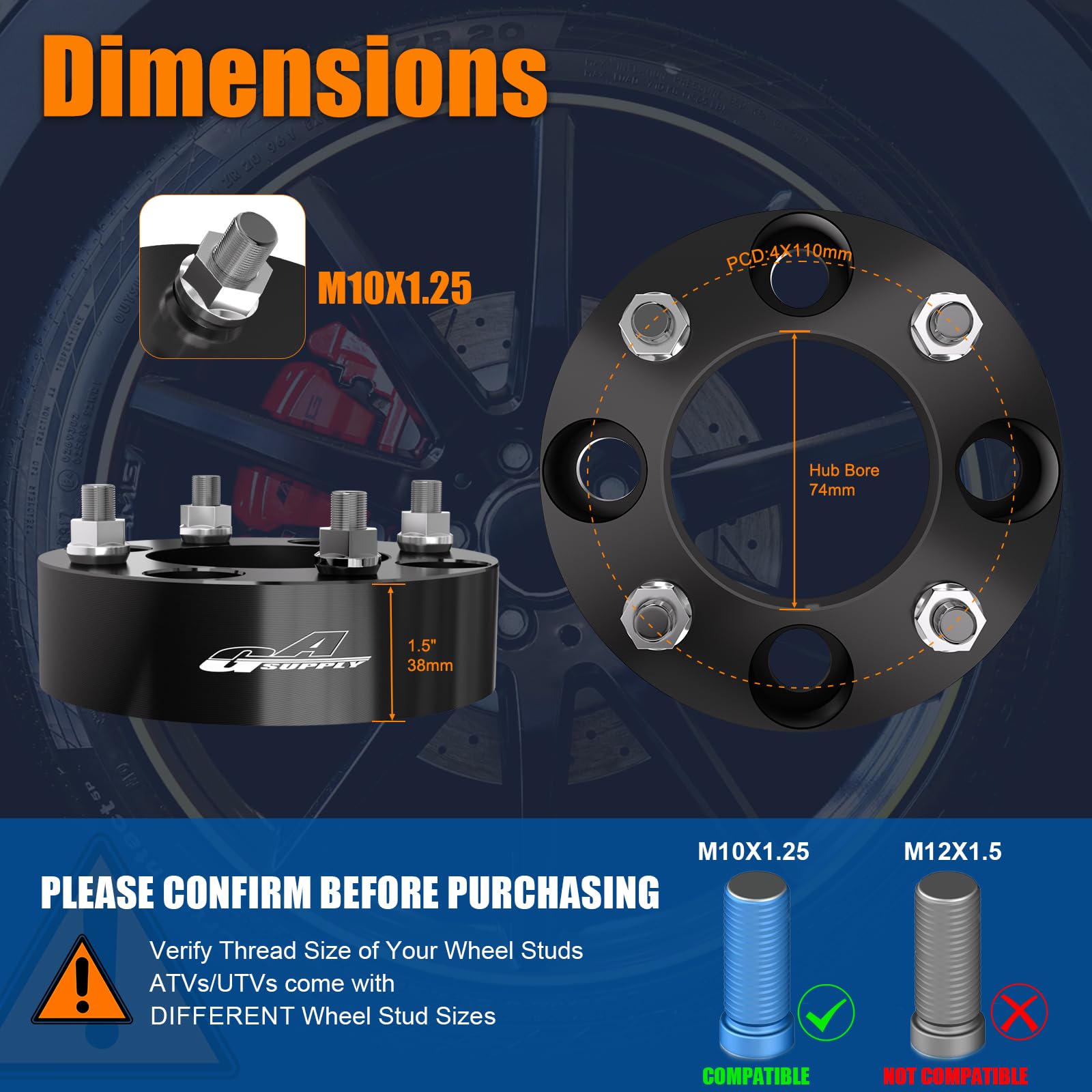 4pcs 2 ATV Wheel Spacers 4x110 4/110 for Honda Yamaha Suzuki 10x1.25, Flat Nuts