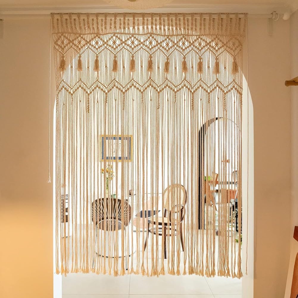 Tapiz de cortina de puerta tejida con cuerda de algodón hecho a mano para ventana, puerta, partición para colgar en la pared, decoración del hogar, fondo de boda, estilo bohemio, 135 x 200