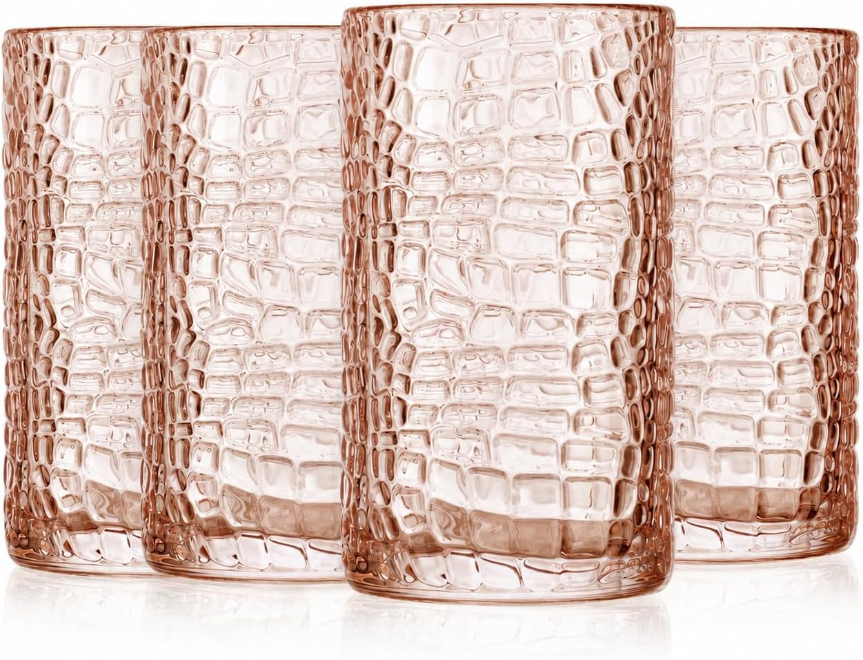 Glaver's Highball Glasses Set of 4 Pink Drinking Glasses, 15 Ounce Crackle Textured Newly Designed Patent Design Glassware Elegant Heavy Duty Drinkware Set, Home Bar Kitchen Water Juice Cocktails