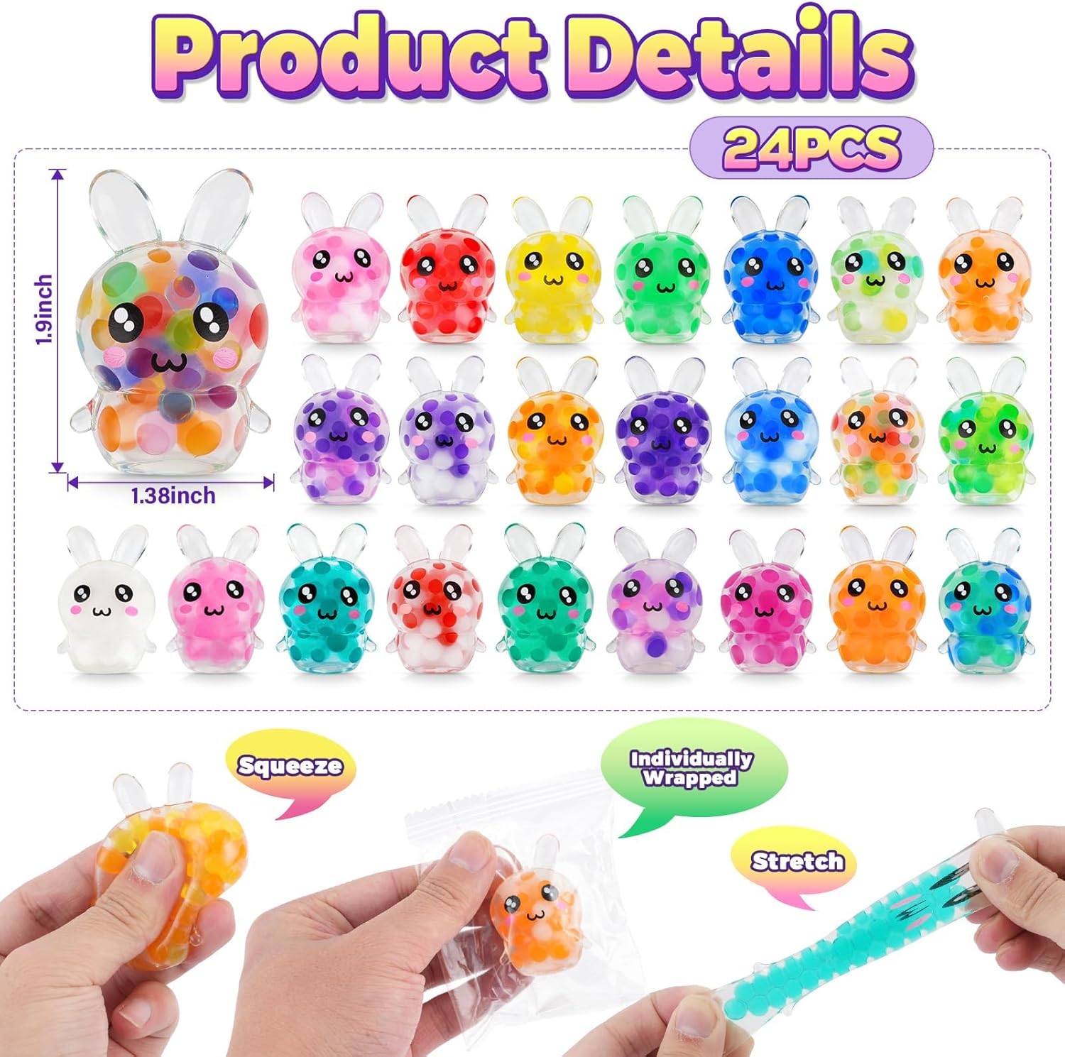 Easter Egg Fillers, 24Pcs Bunny Easter Squishies Mini Squeeze Toys, Non-Candy Easter Egg Basket Stuffers Party Favors Bulk for Teens Adults