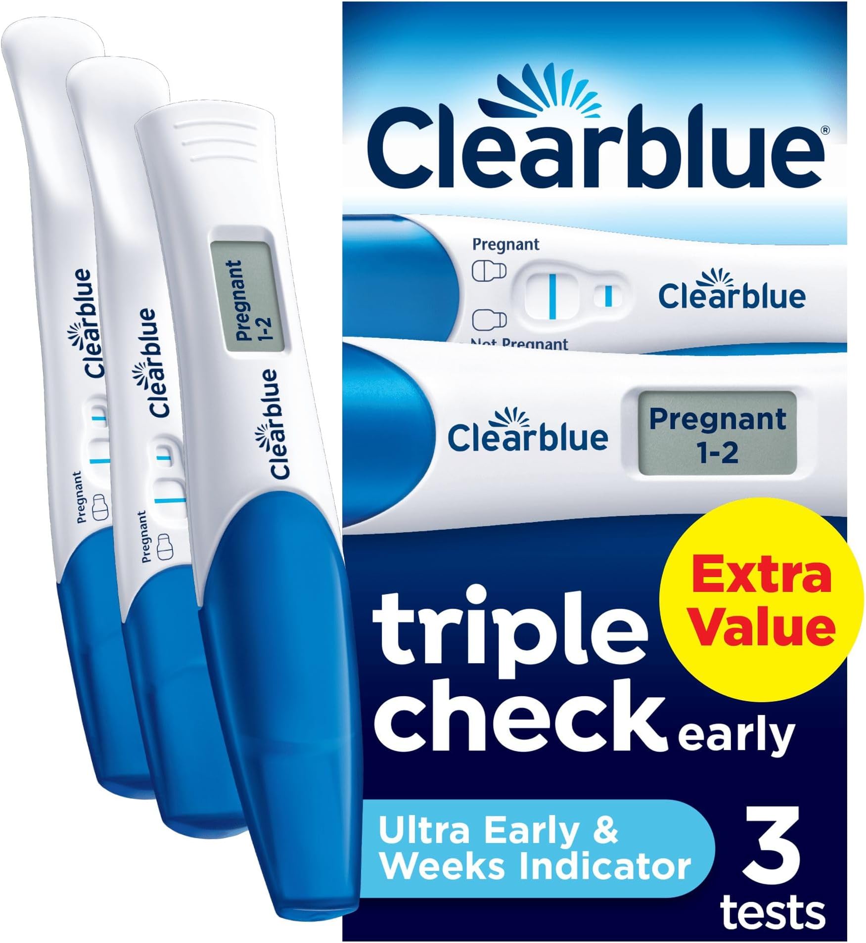 Clearblue Pregnancy Test Ultra Early Triple-Check & Date Combo Pack, Results 6 Days (Visual Sticks) Tells You How Many Weeks (Digital Stick), Kit of 3 Tests (1 Digital, 2 Visual), Packaging May Vary