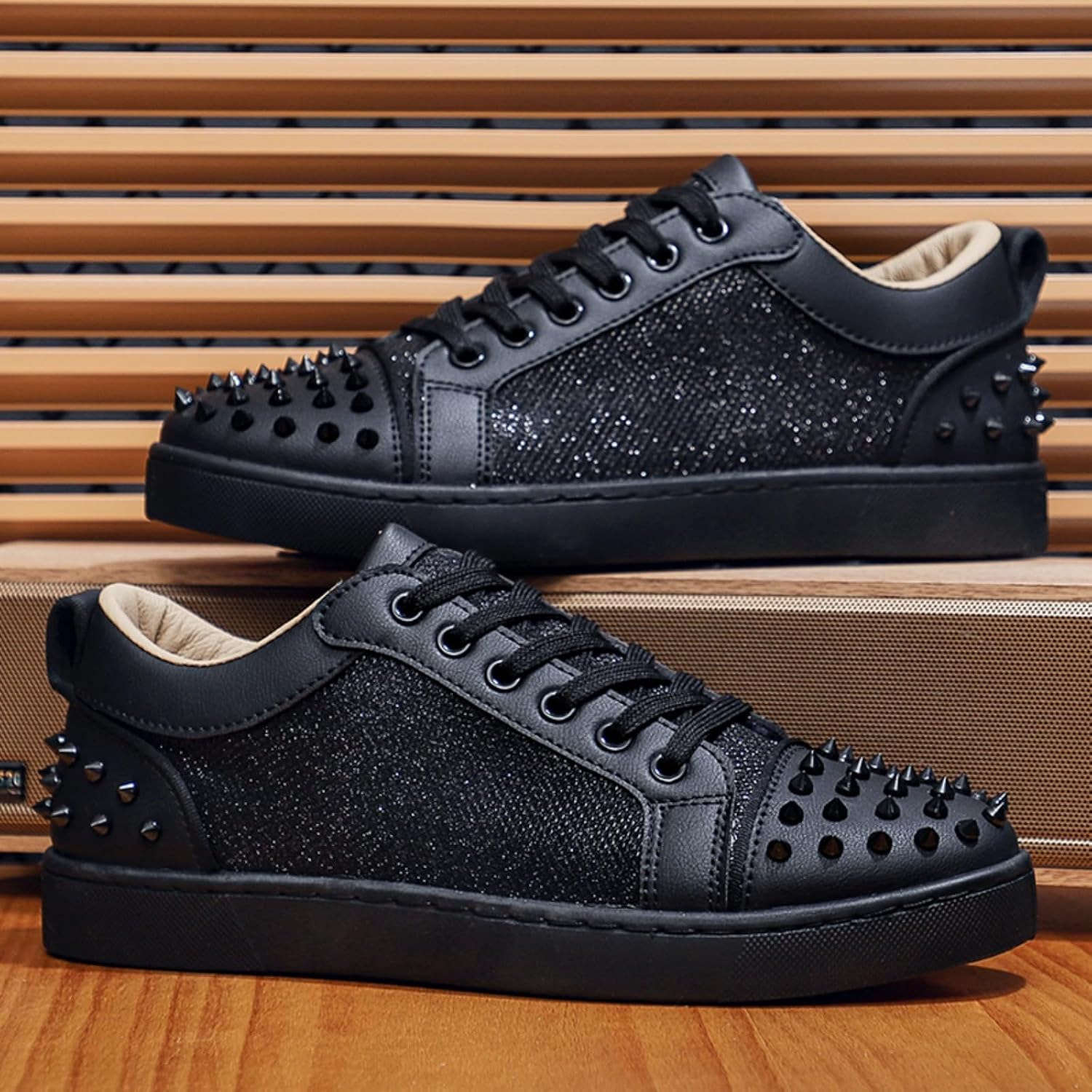 Men's Punk Studded Lace Up Sneakers with Metal Rivets & Fabric Upper - Breathable Low Top Casual Shoes for Street Style Nightlife and Everyday Wear