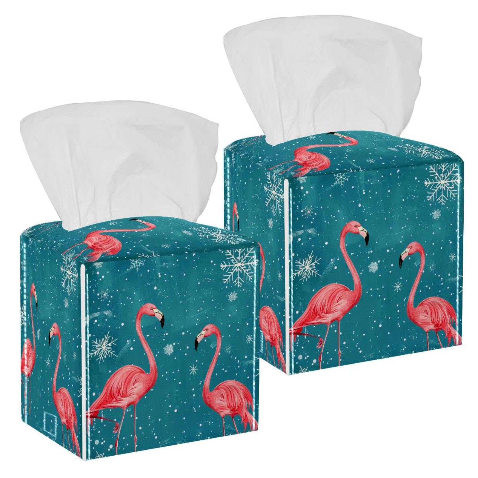 Flamingo Tissue Box Cover, 2 Pack PU Leather Square Facial Tissue Dispenser Box holder for Home Office Car