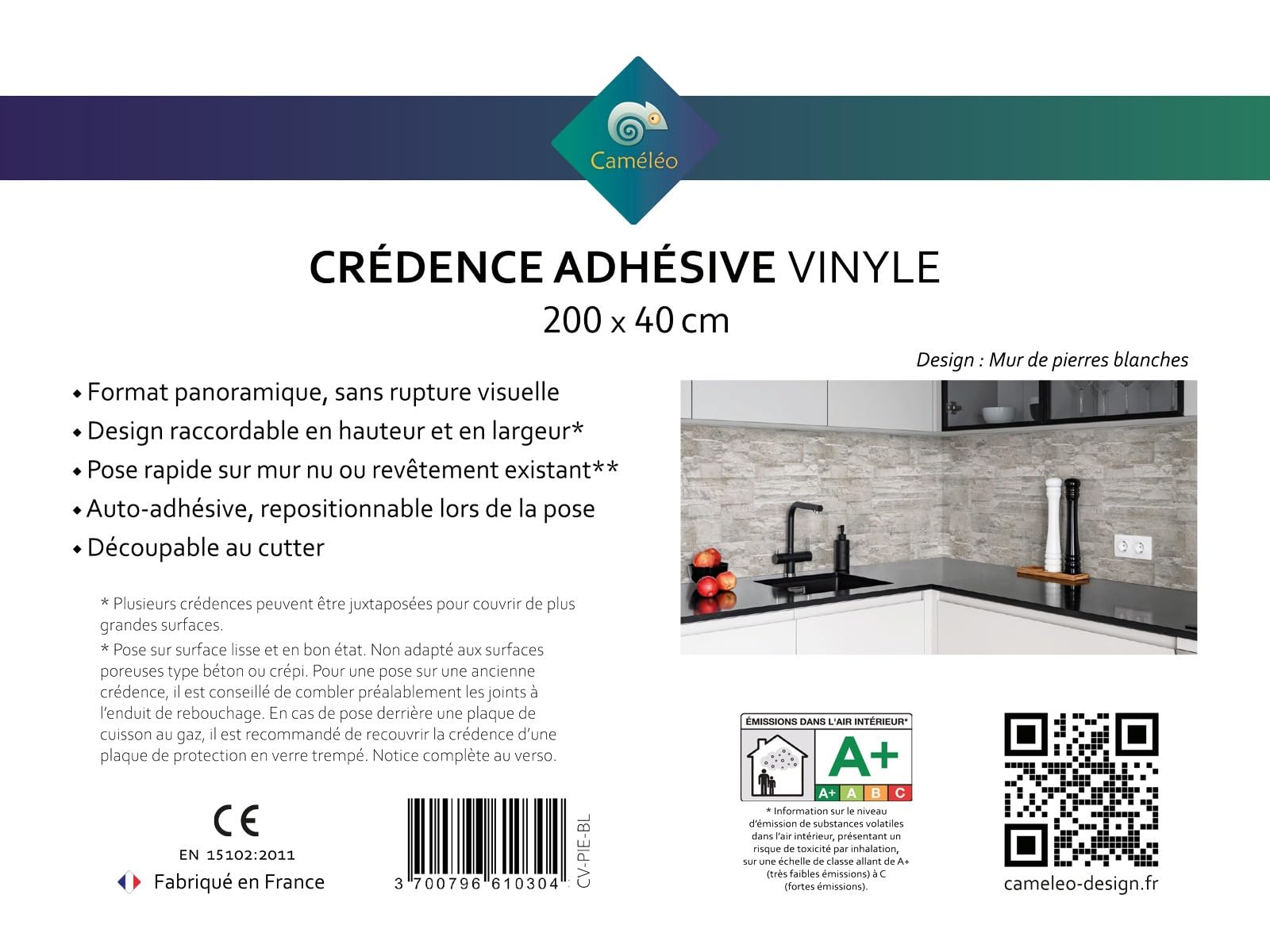 CAMELEO Crédence cuisine adhésive vinyle imitation mur de pierres blanches, 200 x 40 cm - Convient aussi comme adhésif décoratif pour meuble - résistant et imperméable