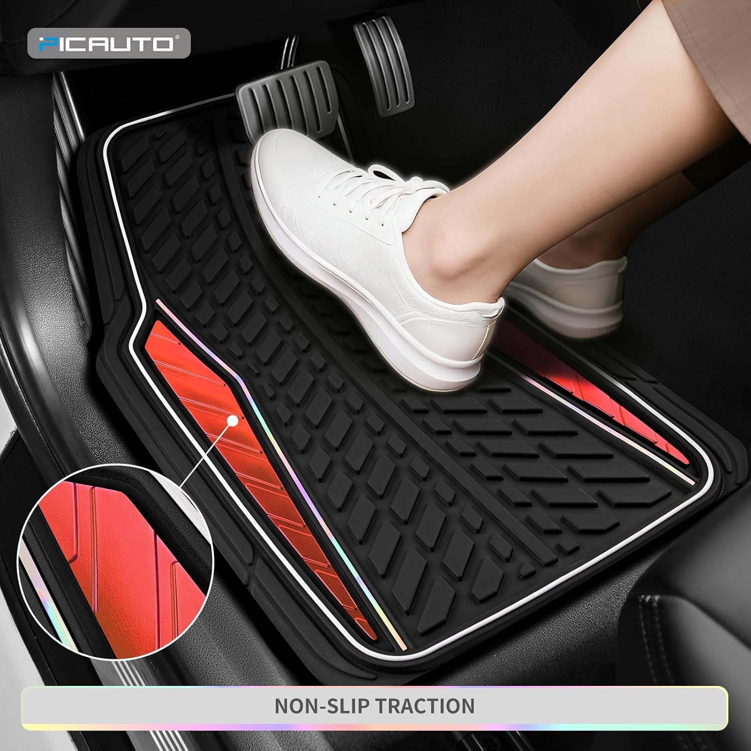 PIC AUTO Car Floor Mats, Red Aluminum-Molded with Full-Circle Iridescent Inlay Strip Car Mats, Universal-Fit Rubber Mats for Cars, Trucks & SUVs, All-Weather, Non-Slip, Easy-to-Clean Interior Mats