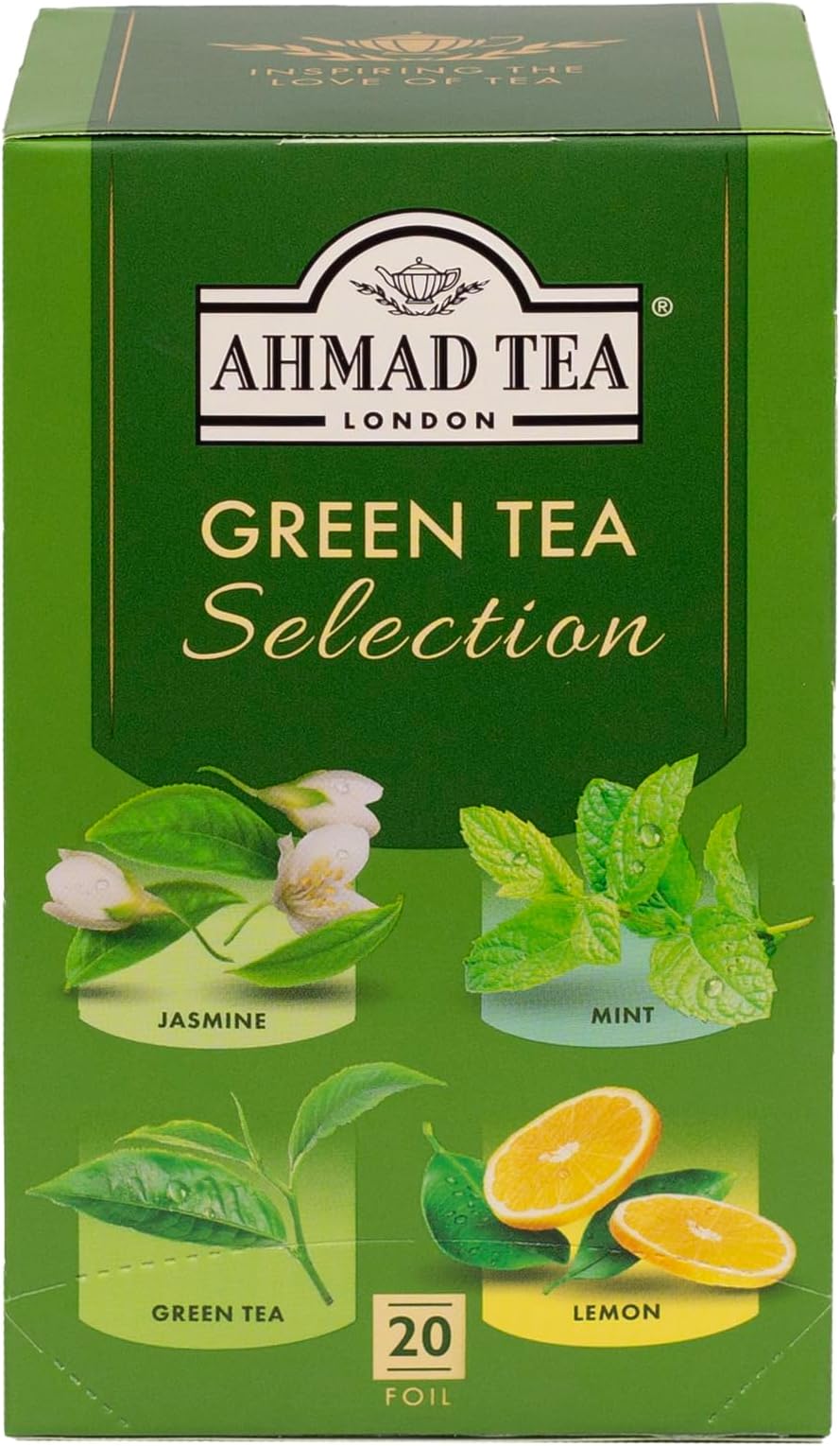 Green Tea, Green Tea Selection, Lemon Green Tea, Jasmine Green Tea, Mint Green Tea, & Green Tea Teabags, 20 ct (Pack of 1) - Caffeinated & Sugar-Free