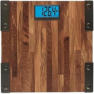 Taylor Digital Scales for Body Weight, Extra High Accurate 440 LB Capacity, Unique Blue LCD, Farmhouse Look, Auto On and OffScale, 12.4 x 12.4 Inches, Brown