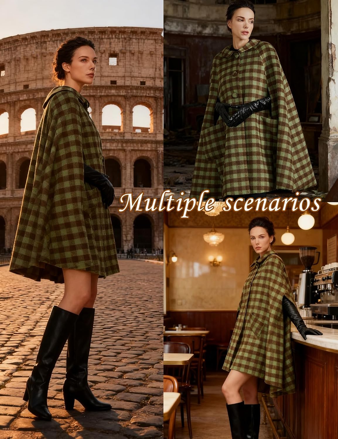 Women Wool Blend Cape Coat with Pockets Vintage Idyllic Single-Breasted Pea Coat Outwear for Fall Winter - Image 5