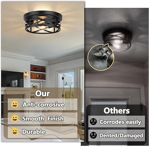 Miniatura 3 de Lámparas de techo de montaje empotrado de 2 luces, paquete de 2 luces de techo negras de granja, lámparas industriales de jaula de metal para