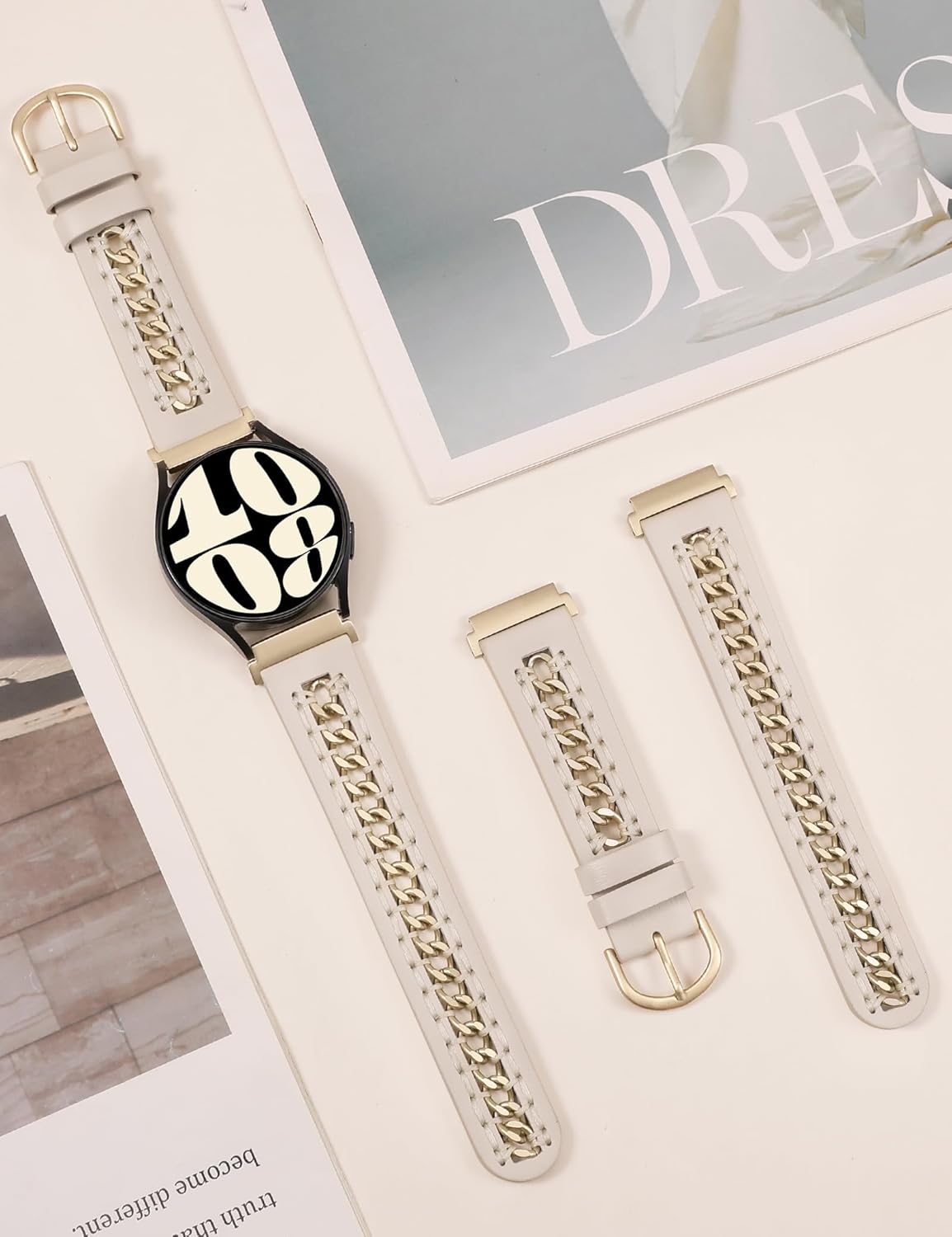 Minyee Leather Band Compatible with Samsung Galaxy Watch 7/6/5/4/FE/Active 2 40mm 44mm/Watch 6 Classic 43/47mm/Watch 5 Pro 45mm Bands, 20mm Dressy Leather Strap with Stainless Steel Metal Chain Women - Image 3