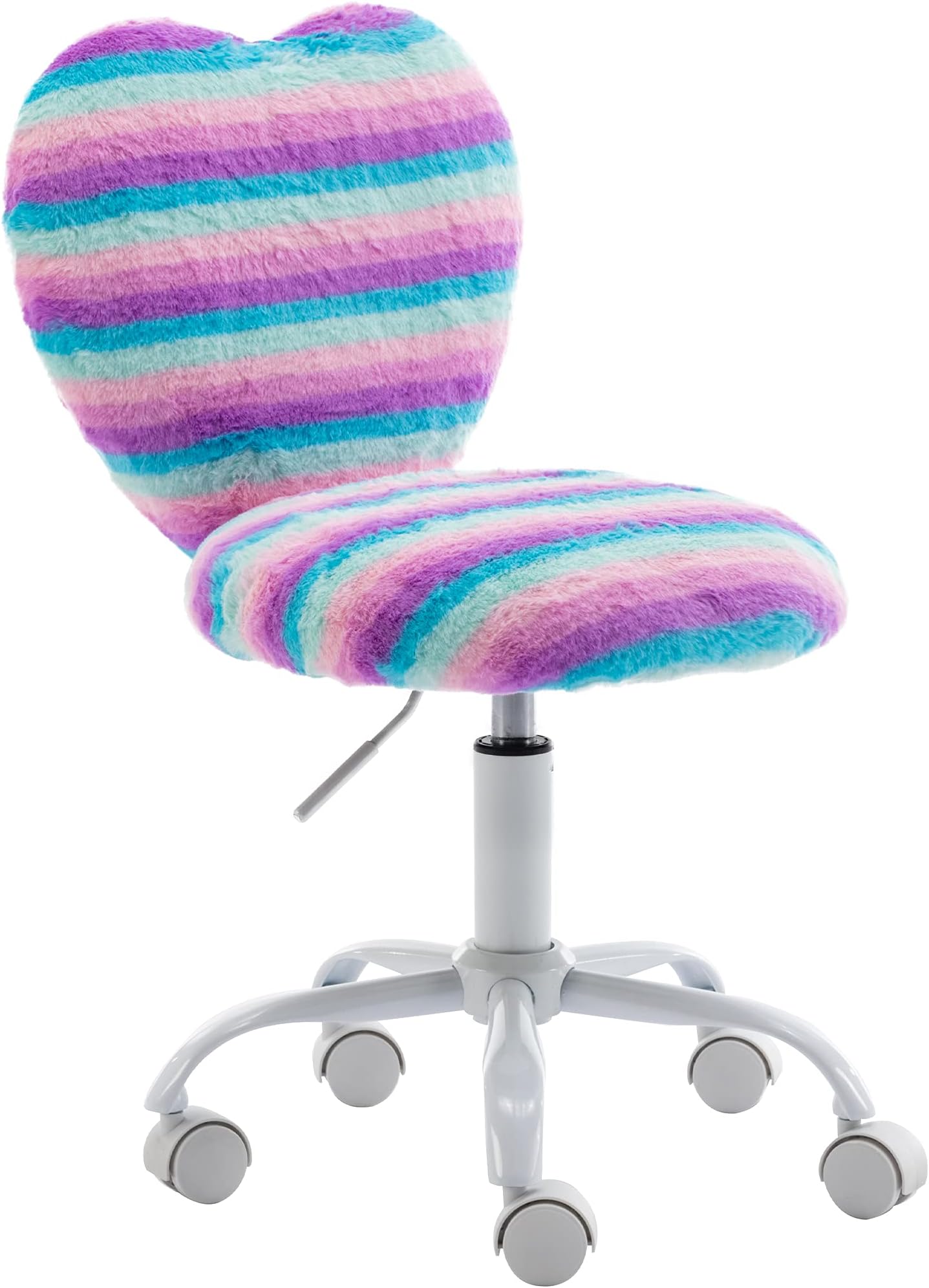 Small Desk Chair Swivel Kids Office Chair Fuzzy Student Computer Task Chair Faux Fur Vanity Chair Cute Heart Chair for Girls Boys Bedroom, Rainbow