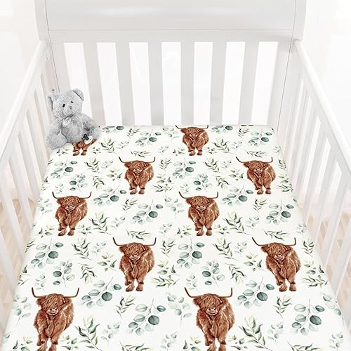 Miniatura 4 de HawSkgFub Highland Cow - Sábana bajera para cuna estándar con hojas de eucalipto para bebé niño y niña, funda de colchón neutra de yak de animales