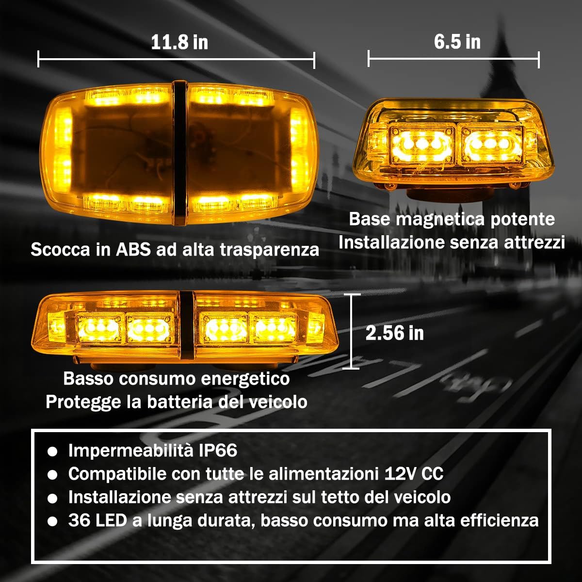 Mini Barra LED Stroboscopica Magnetica 36 LED Ambra 12V/24V, Luce di Emergenza con 7 Modalità Flash IP66 per Camion, Taxi, Veicoli da Cantiere e Sicurezza Stradale