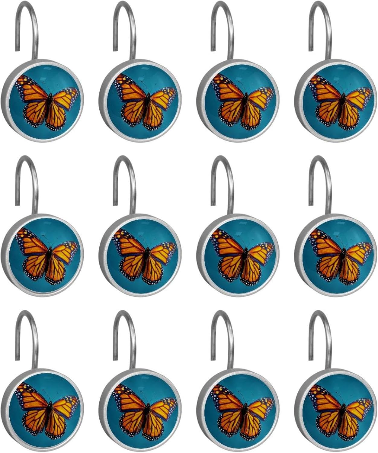 Blue Background Monarch Butterfly Shower Curtain Hooks,Set of 12 Shower Curtain Rings,Shower Hooks for Curtain Shower Rings,Rust Proof Metal Shower Hooks