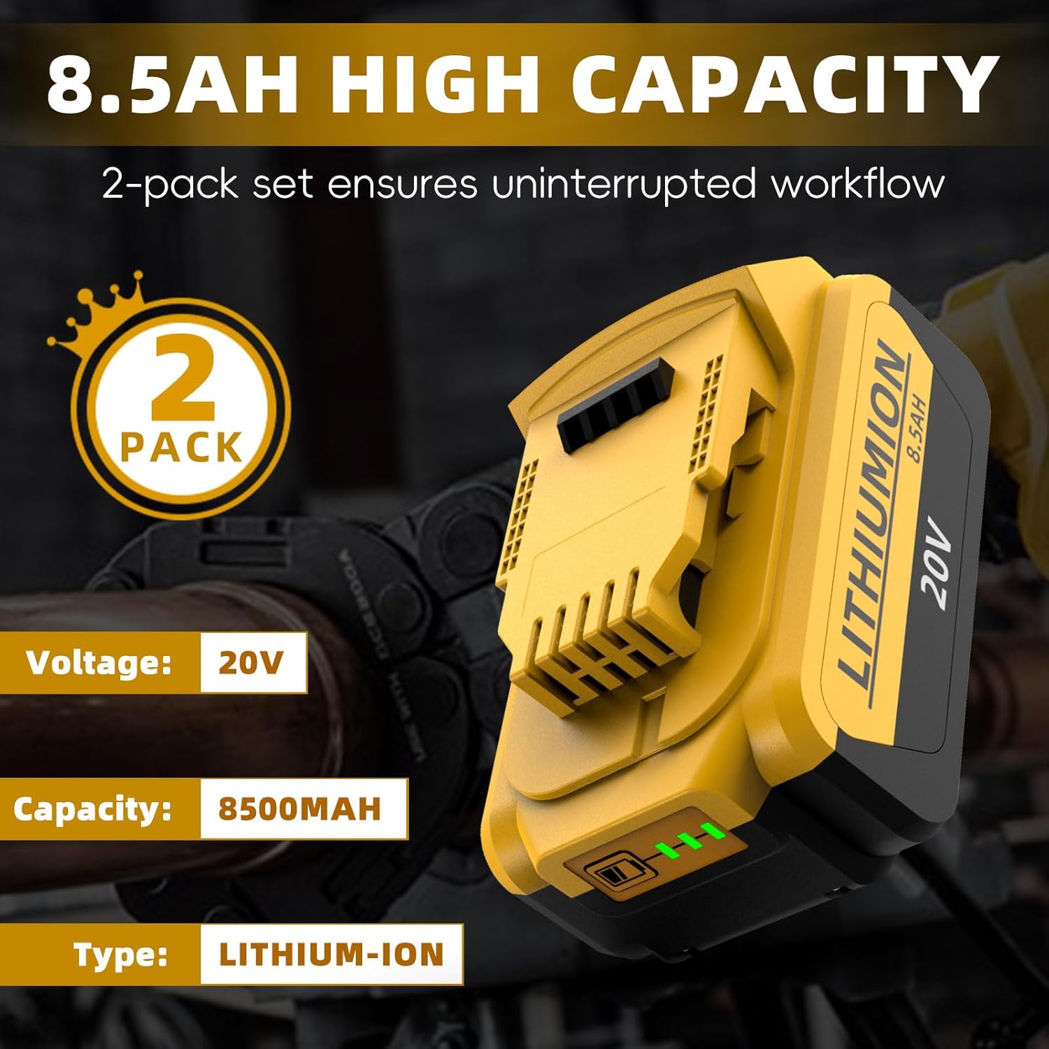 2-Packs 8500mAh for Dewalt 20V Max Battery Compatible with DCB206 DCB201 DCB203 DCB207, Replacement for 20Volt Cordless Power Tools and Chargers DCB102 DCB105 DCB115 DCB118
