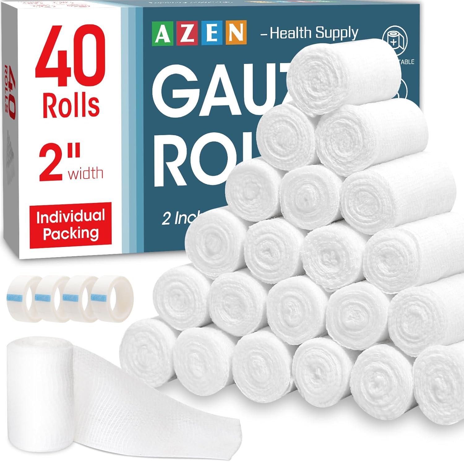 AZEN 40 Pack Gauze Rolls Bandages, 2 in x 4.1 Yards, Premium Medical Supplies & First Aid Supplies, Bandage Wrap Vet Wrap, Mummy Wraps